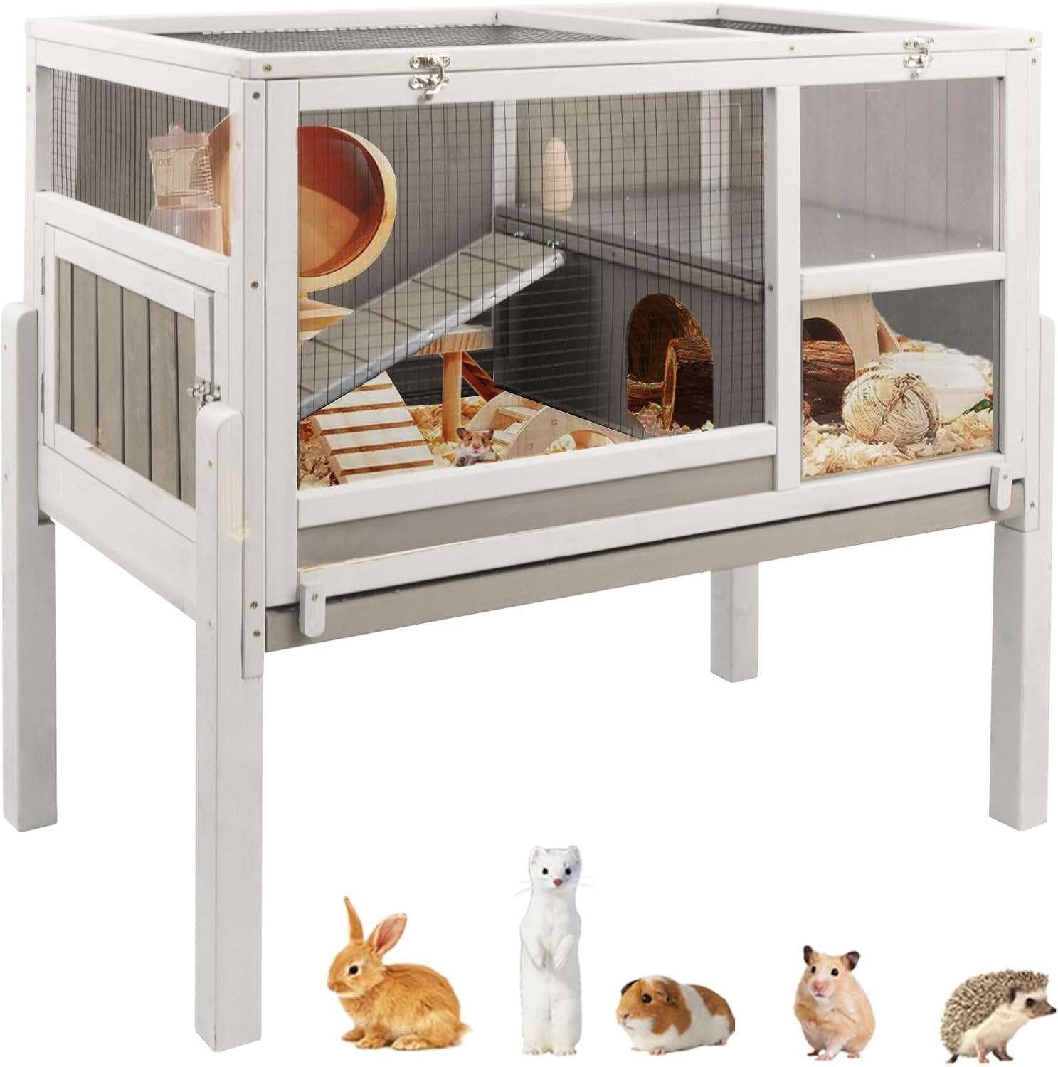 Ketive Guinea Pig Cages Indoor, Wooden Guinea Pig Cages with Stand, Rabbit Cage Hutch with Ramp and Hideout, Small Animals Cage Habitat with Not Leakage Pull Out Tray