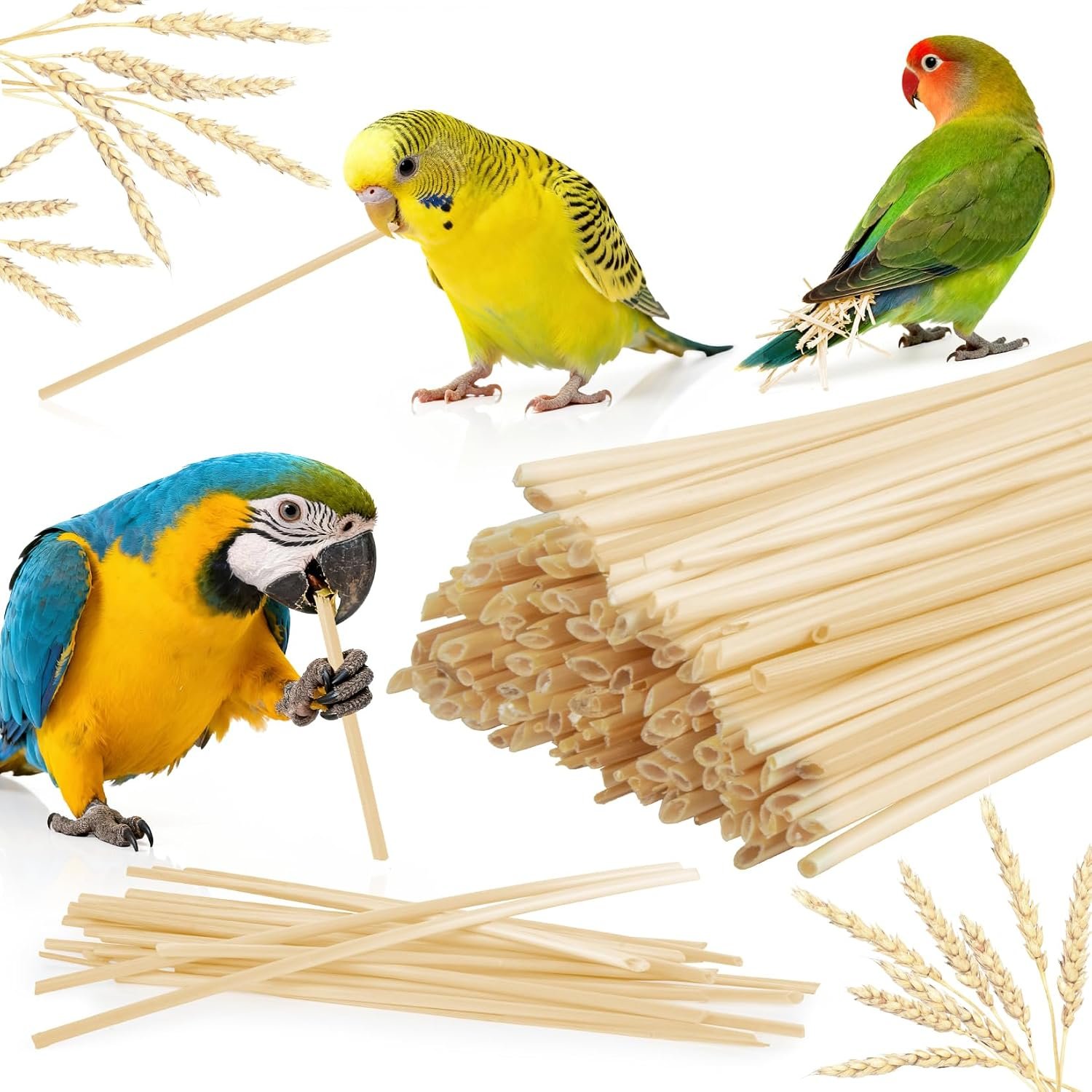 MAQIHAN 200 Count Bird Chew Toys – Natural Wheat Straw Parrot Toys | Shredding Foraging Bird Cage Toys for Parakeets, Cockatiels, Conures, Cockatoos, Beak Activity & Cage Decor Accessories