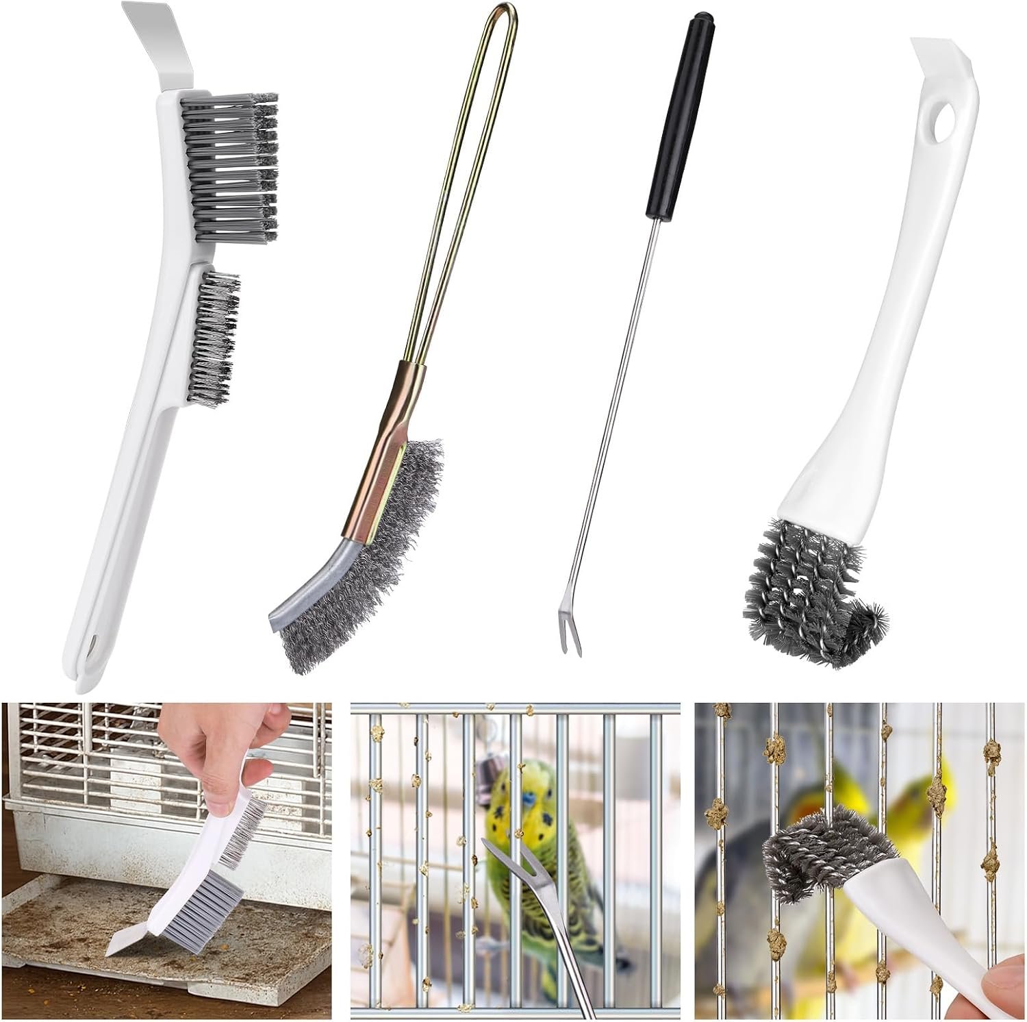 Bird Cage Cleaner Brush Kit Accessories,4 Pcs | Bird Poop Remover Cleaning Tools Set Accessories for Small,Medium,Large,Tall,Parakeet,Budgie,African Grey Parrot Birds Cage