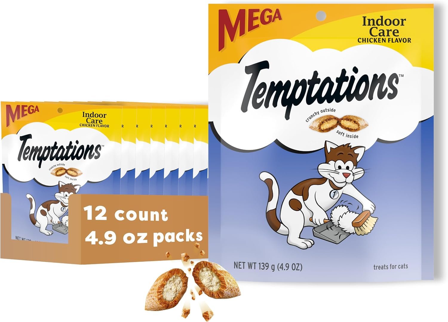Temptations Indoor Care Crunchy & Soft Cat Treats, Chicken, 4.9 oz, 10 Pack | Under 2 calories per treat, crunchy outside & soft inside, resealable pouch, 100% complete & balanced for adult cats