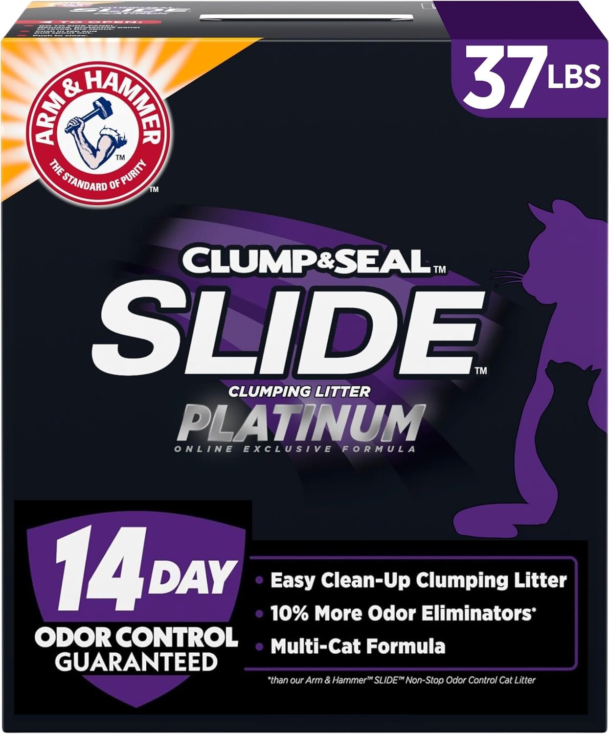 ARM & HAMMER Slide Platinum Easy Clean-Up Clumping Cat Litter, 37 Lbs | 24/7 Odor Control, Triple-Action Freshness, Non-Stick, Low Tracking, Multi-Cat Formula, Scented