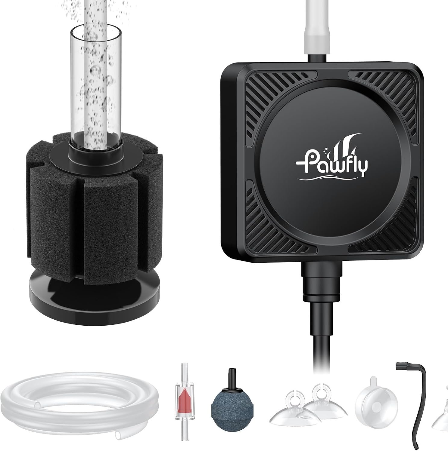 Pawfly 27 L/h Aquarium Air Pump, Mini Air Pump for 1-15 Gallon Fish Tanks | 1.3 W Ultra Quiet Portable Fish Tank Air Pump Oxygen Aerator Kit with Mini Sponge Filter Air Tubing Air Stone Check Valve