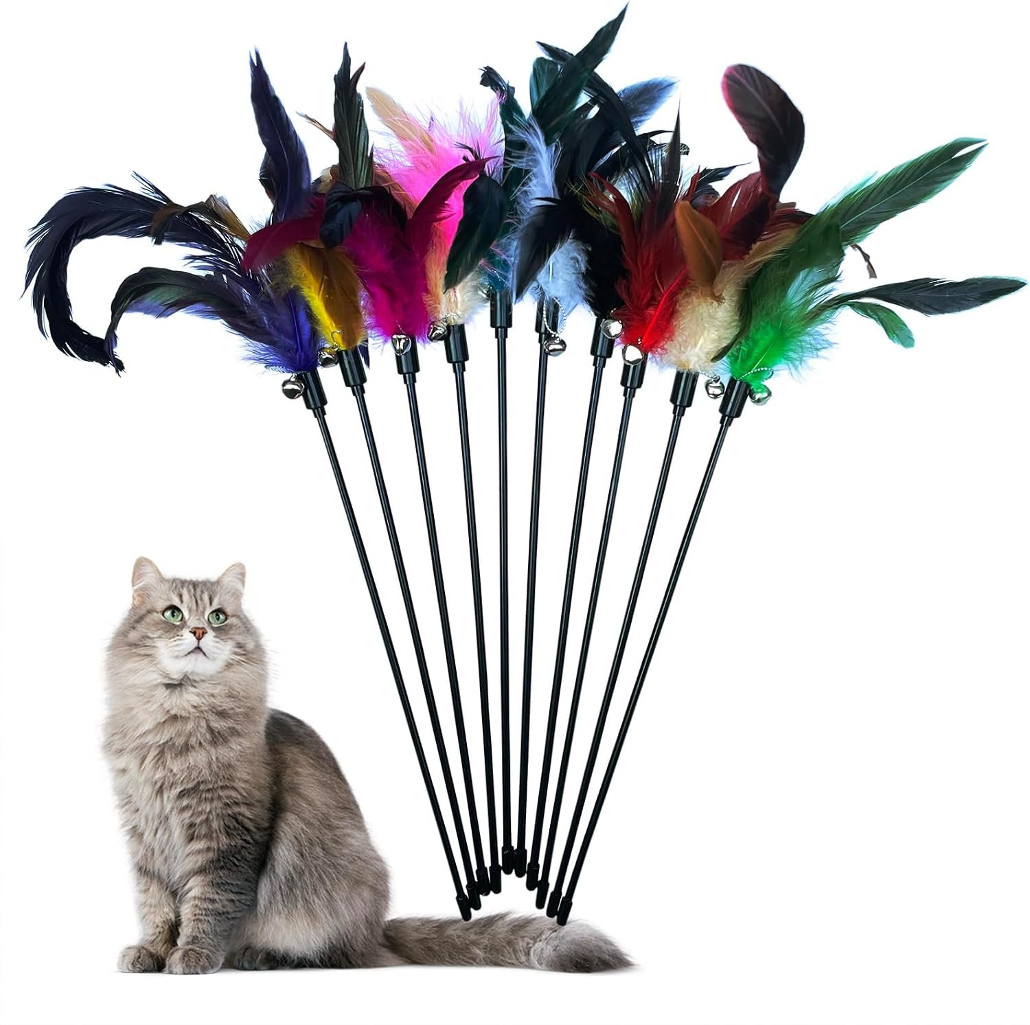 Cat Feather Wand Toys 10-Pack with Bell Indoor Kittens | Natural feather teaser with bell.Interactive wand toy Durable construction withstands active play.