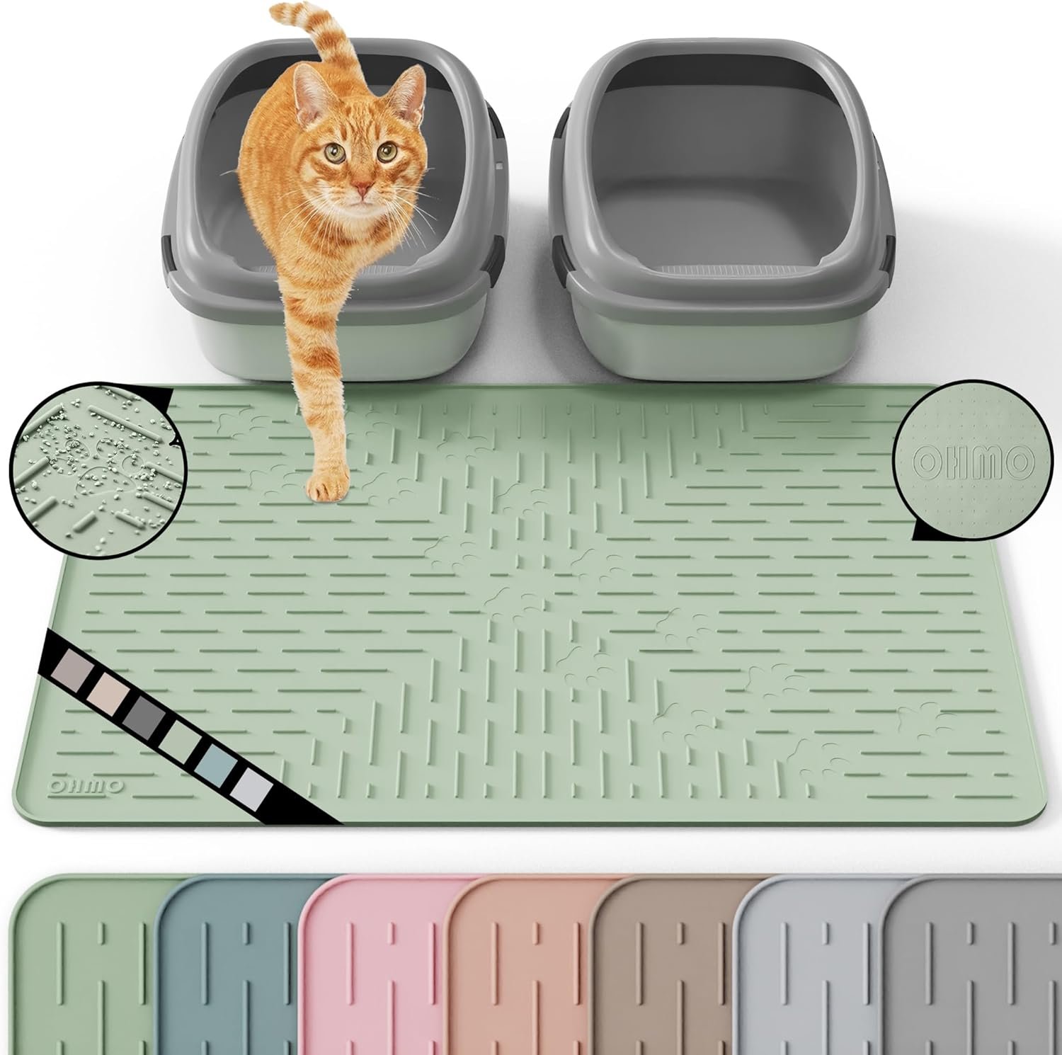 Large Cat Litter Mat, 31.5×23.6 Silicone Trapping Mat Sage Green | for Kitty Litter Box, Easy Clean, BPA Free Rubber, Center Litter Collection, Easy Pour-Back, Waterproof, Odor-Resistant
