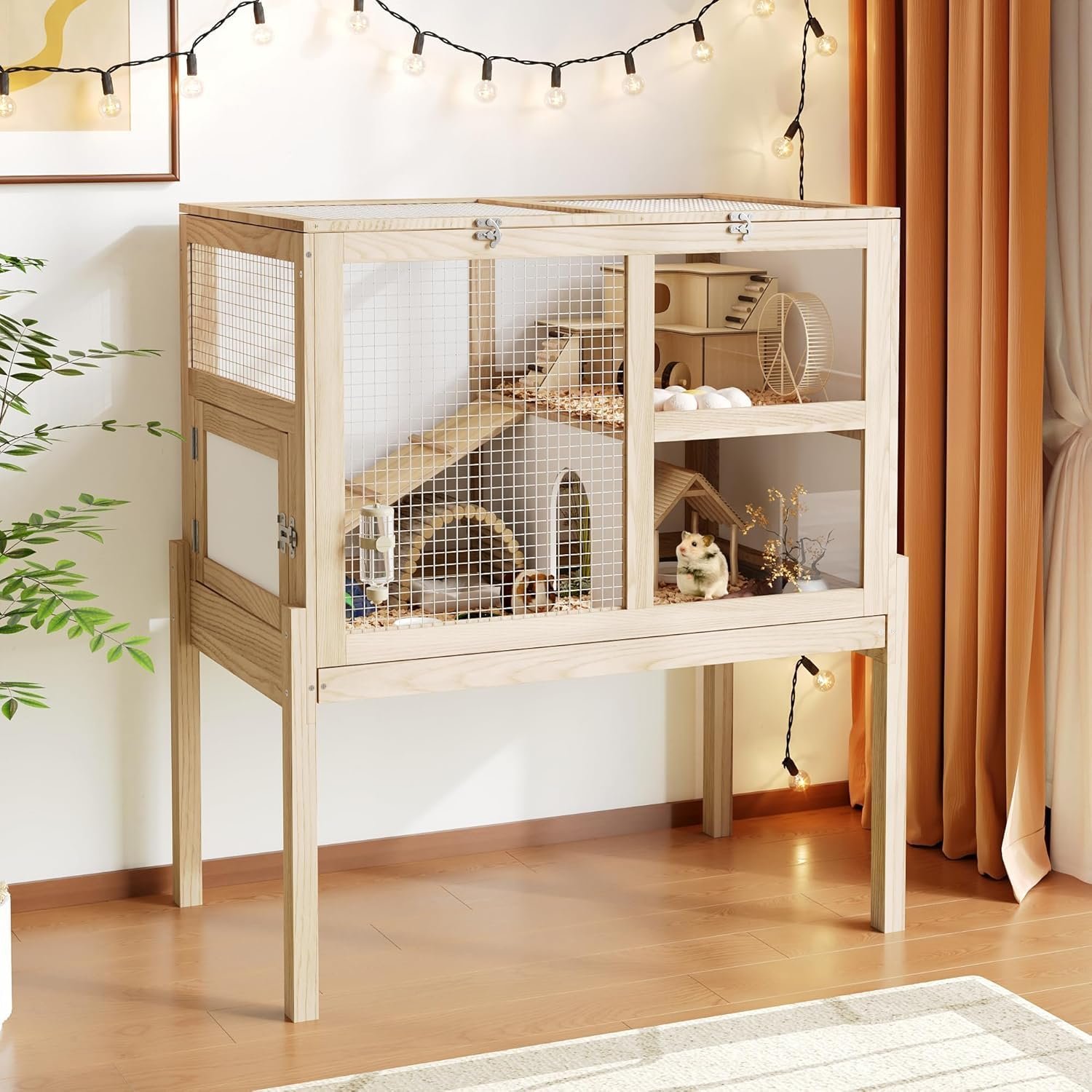 Timechee Guinea Pig Cages for 2, Small Animals Rabbit Cages with a Pull Out Tray, Large Wooden Indoor 2-Story Hamster House, Guinea Pig Hideout Habitat Playpen with Ramp, Platform, Natural