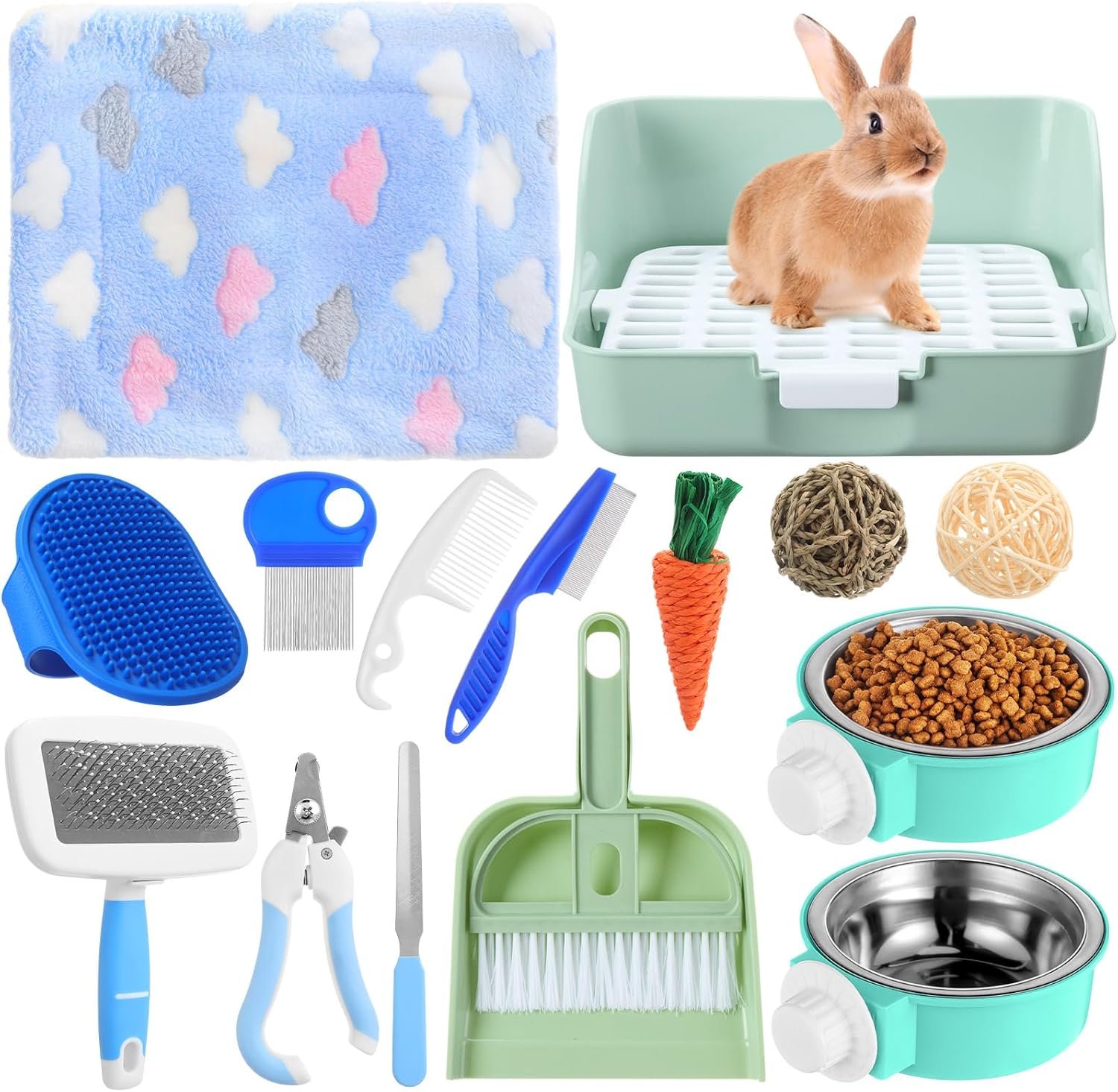 Reallnaive 15 Pcs Rabbit Starter Kit Small Rabbit Litter Box Girls Gift Animal Grooming Kit Bunny Toys Bowl Blankets with Cleaning Set for Guinea Pig Accessories(Green)