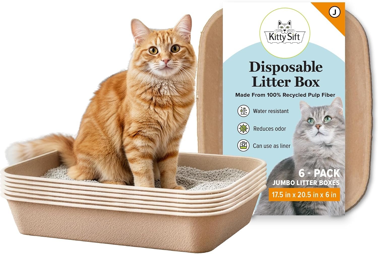 Kitty Sift Disposable Cat Litter Box Jumbo, 6 Count, Durable and Portable for Travel and Home, Eco-Friendly Disposable Litter Box Controls Odor
