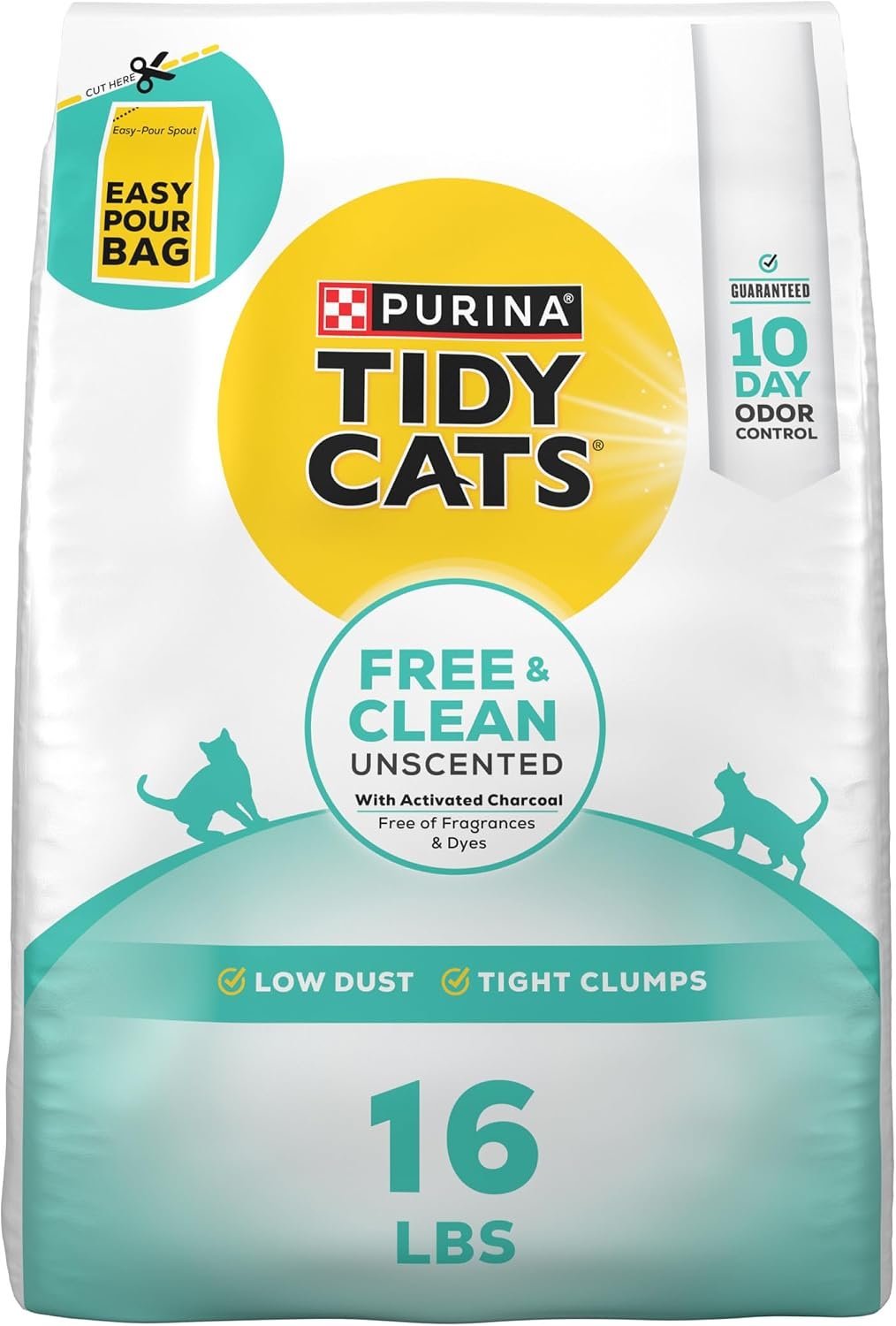 Purina Tidy Cats Free and Clean Unscented Clumping Cat Litter, 16 lb Bag | Activated charcoal formula delivers powerful odor absorption in an easy-pour design
