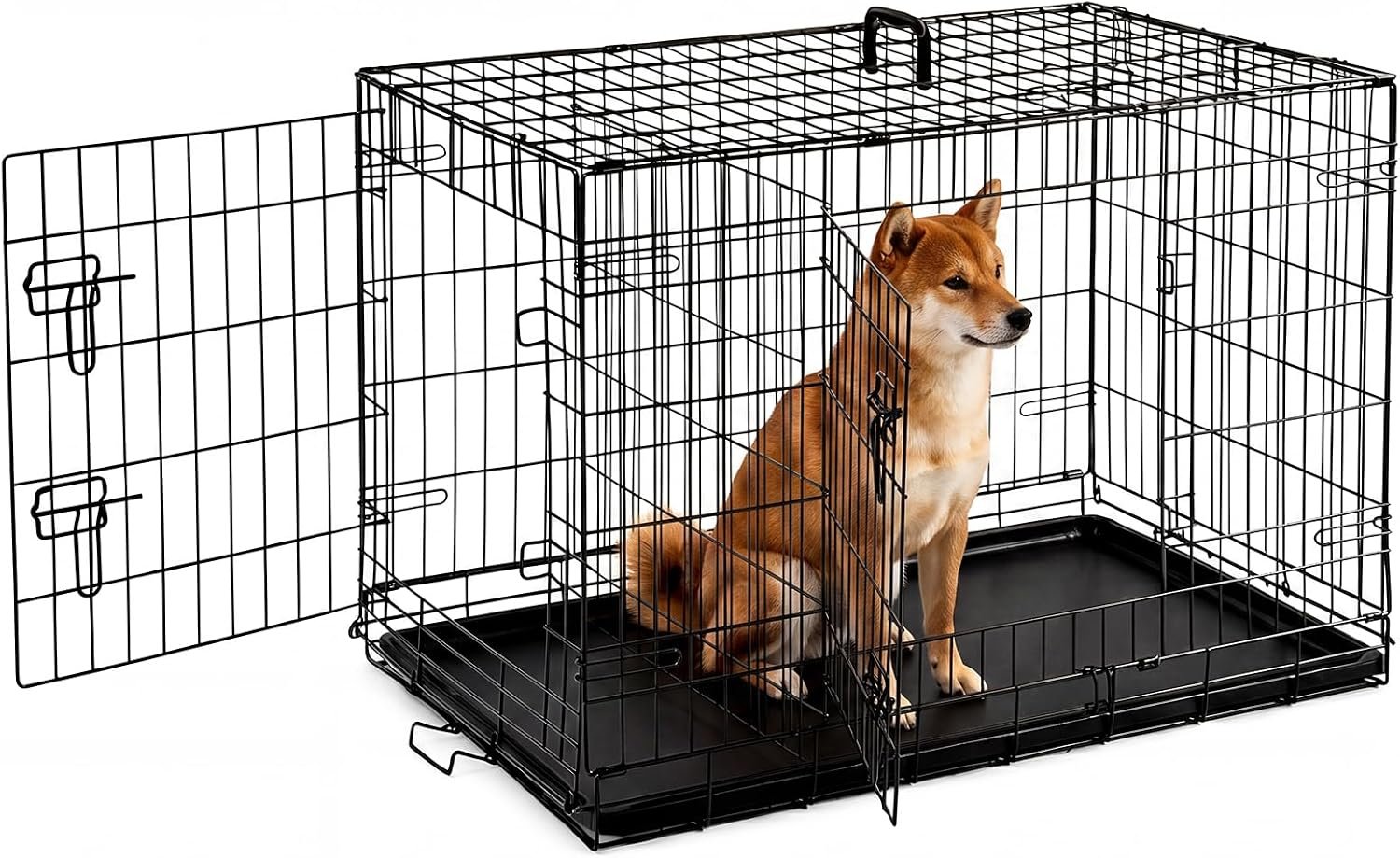 Medium Dog Crate 36 Inch Foldable Double Door Dog Cage Pet Kennel | Metal Wire, Secure Lock, Plastic Leak-Proof Pan Tray, Indoor Outdoor Training Pet
