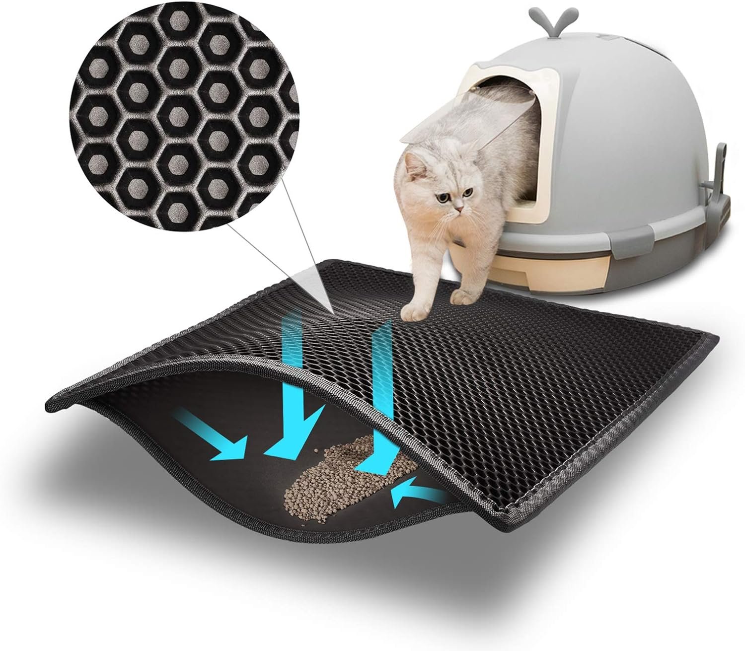 Pieviev Litter Mat, Double-Layer Waterproof Trapping Mat, 24″ x 15″ Black | Honeycomb Design Catches Scattered Particles to Stop Tracking, Urineproof Base Protects Floors, Easy to Clean