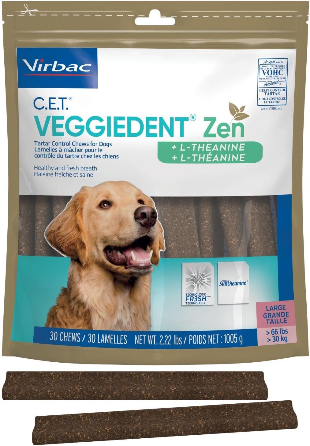 C.E.T. Veggiedent Fr3sh & Zen Plaque and Tartar Control Chews for Dogs, L | Calming dog dental chews, L-theanine dog calming chew, plant based chews, VOHC approved for plaque & tartar