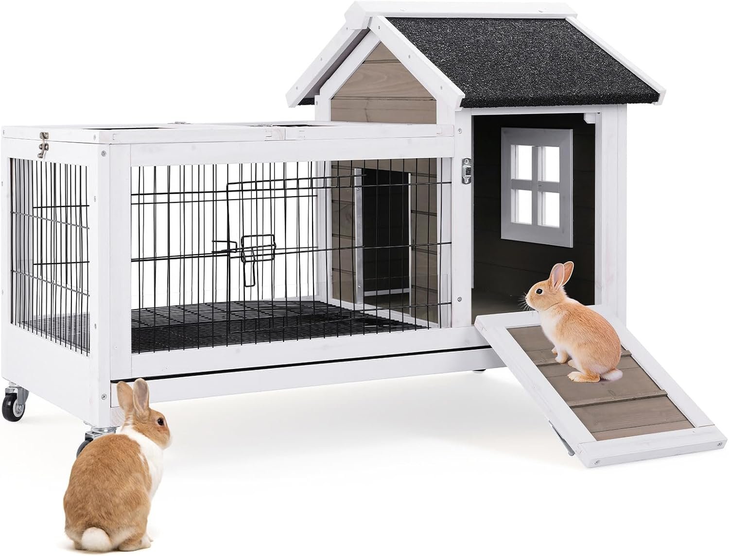 Rabbit Hutch Indoor Outdoor with Wheels, Leakproof Tray, Openable Roof | Urine Guards, Leakproof Tray, 6 Access Doors, Fits Rabbits & Guinea Pigs
