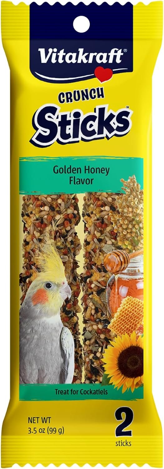 Vitakraft Crunch Sticks Cockatiel Treats Golden Honey Flavor – Triple-Baked Snack with Vitamins A D3 E Riboflavin and B12 – Natural Wood Chew Center and Cage Clip Holder – Engaging 2 Stick Pack