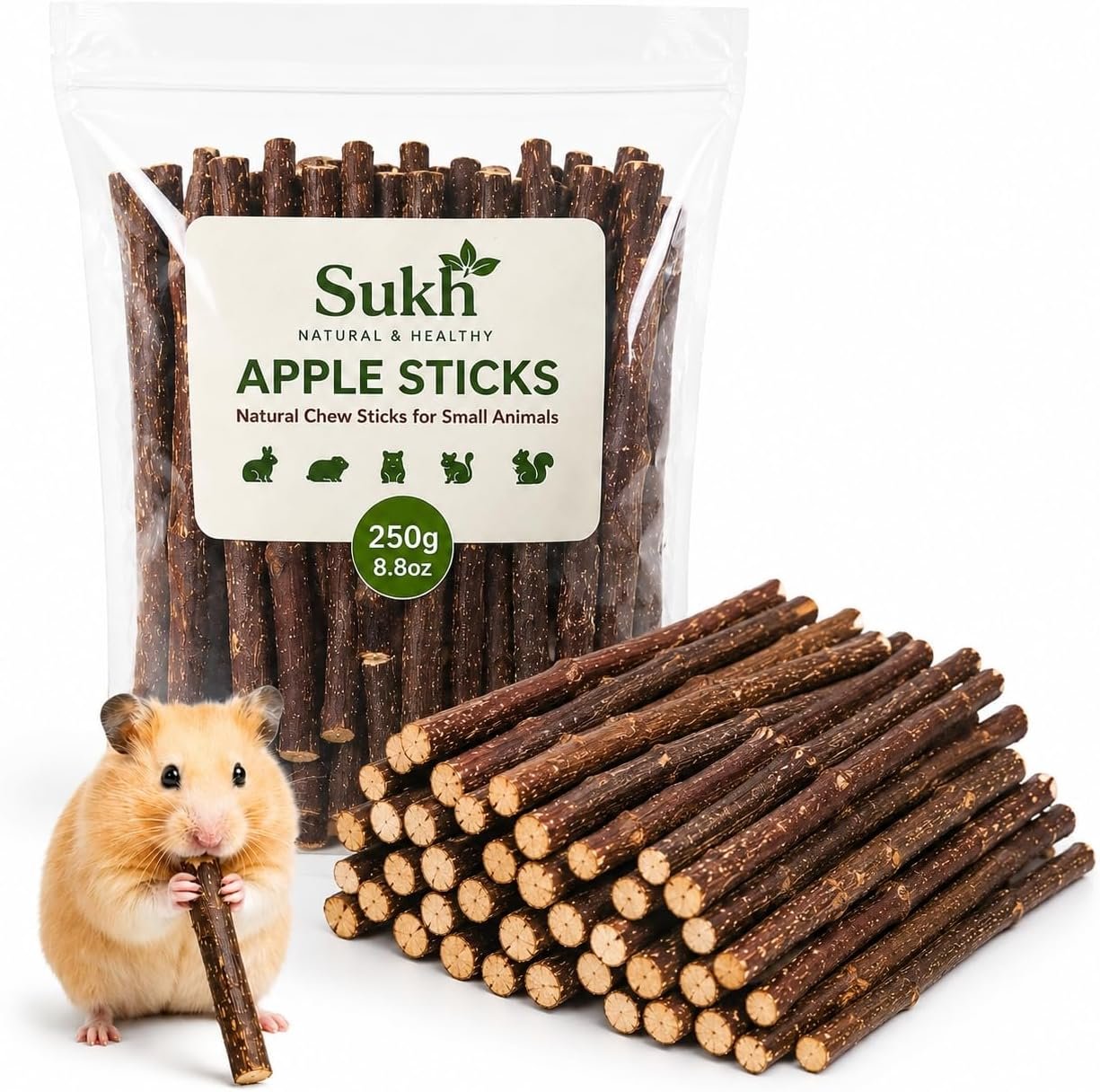 Sukh Natural Organic Apple Sticks – 250g Chew Sticks for Small Animals | Chew Toys for Hamsters, Rabbits, Guinea Pigs, Gerbils, Chinchillas & Squirrels, Teeth Grinding Supplies, Cage Accessories