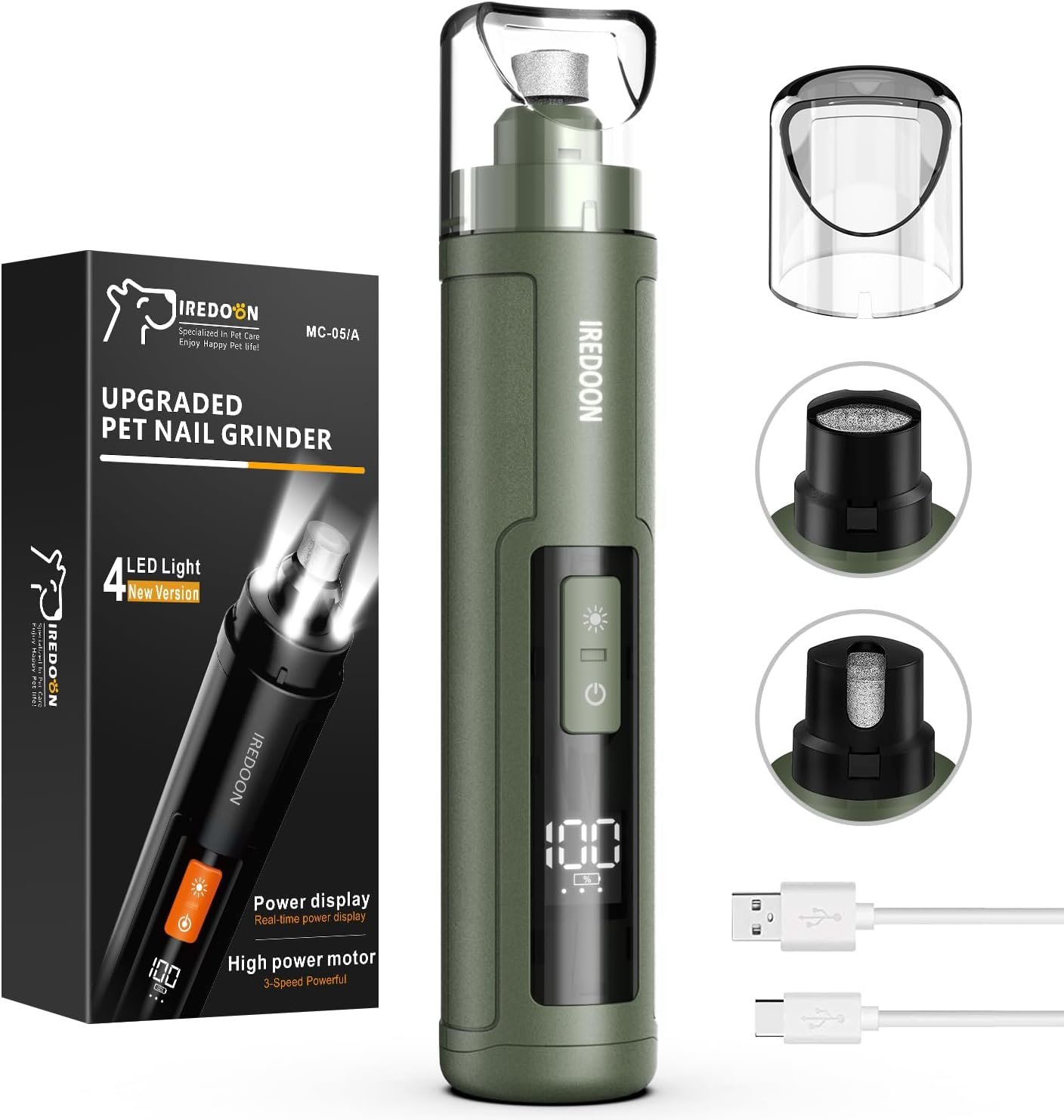 Dog Nail Grinder with 4 LED Lights, 3 Speeds Super Quiet for Pets | Low Vibration,Electric Pet Nail Grinder, Professional Painless Paw Grooming & Smoothing for Small to Large Dogs Cats(Green)