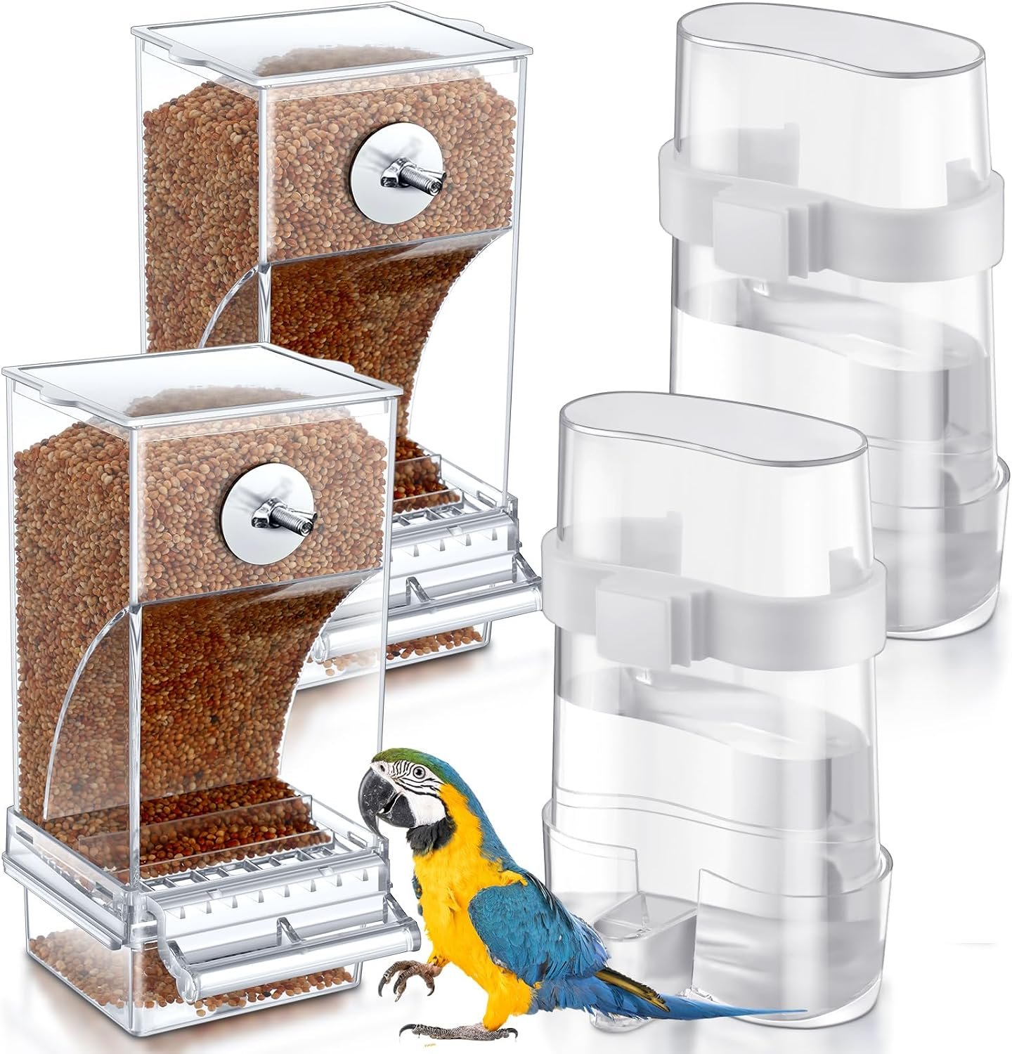 Yaomiao 4 Pcs No Mess Small Bird Feeders Automatic Parakeet Water Dispenser Clear Quail Feeder and Watered Cage Accessories for Small and Medium Parakeet Cockatiel Canary(Assorted,Transparent)