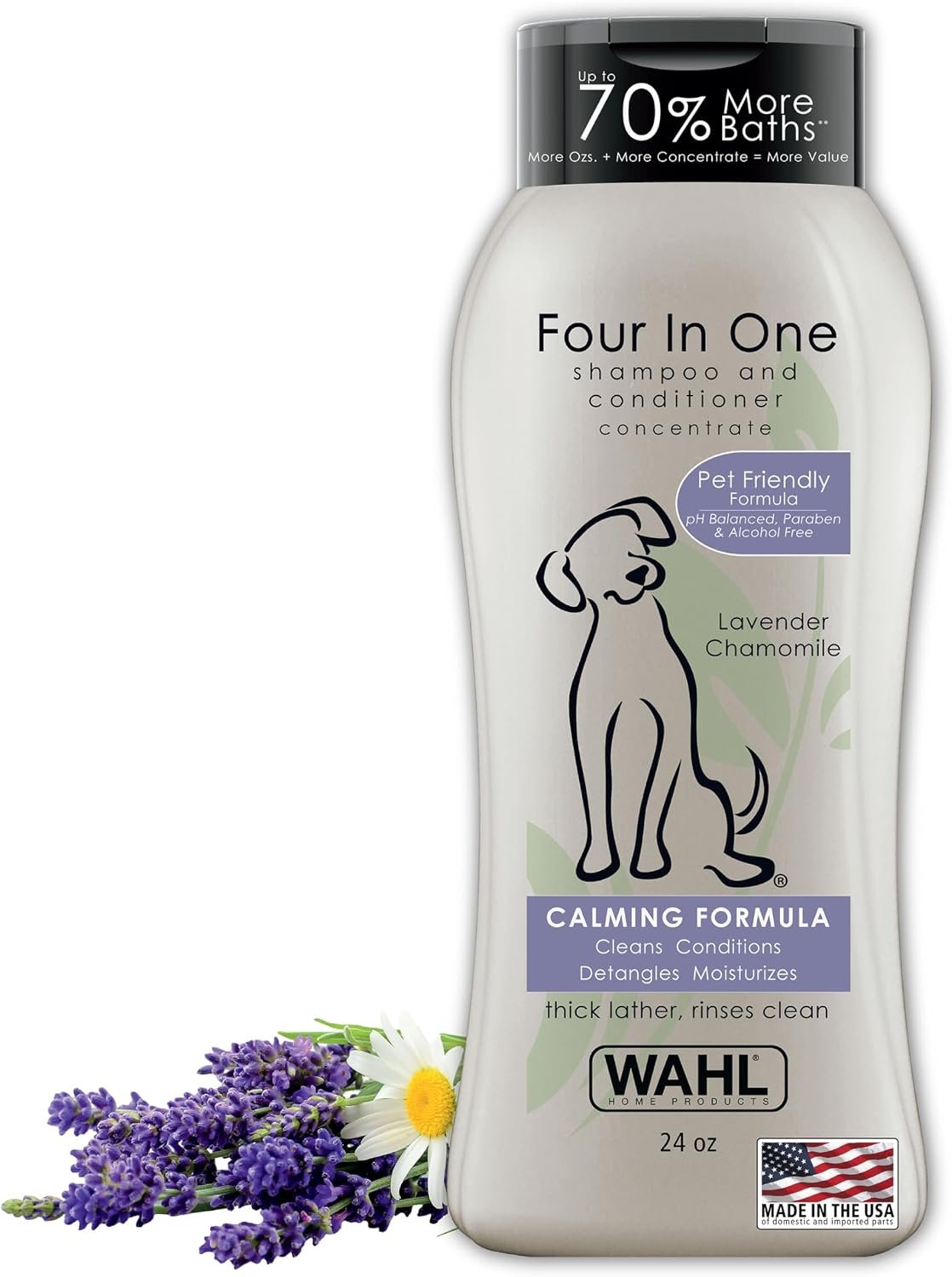 Wahl USA 4-in-1 Calming Dog Shampoo with Lavender Chamomile Scent – Cleans, Conditions, Detangles, & Moisturizes – Pet Friendly Formula – 24 Oz – Model 820000A