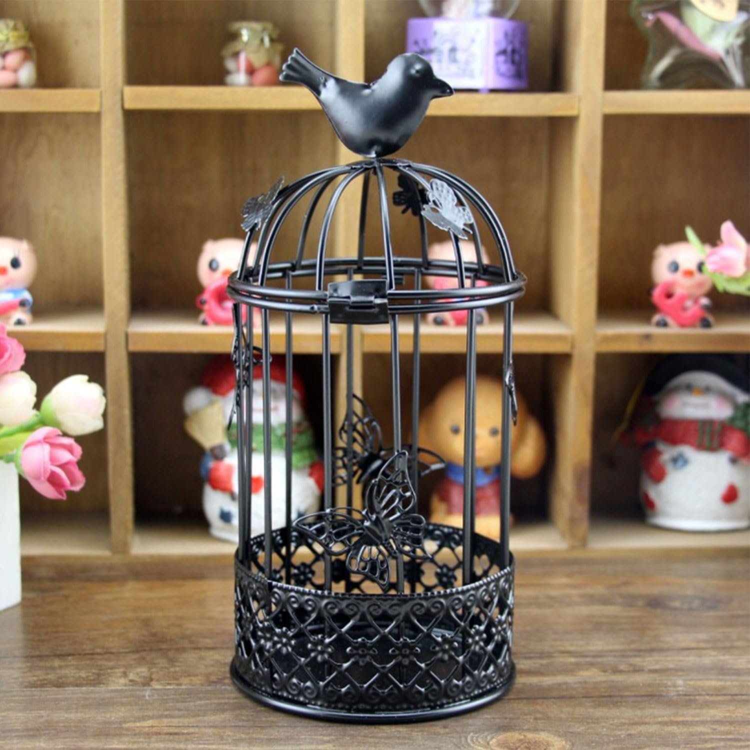 Vintage Decorative Bird Cage Metal Black Bird Cage Decor for Candelabros para Centros De Mesa & Lanterns Decorative Indoor Suitable Wedding Party Dining Table Fireplace Metal Lantern&Bird Cage Decor