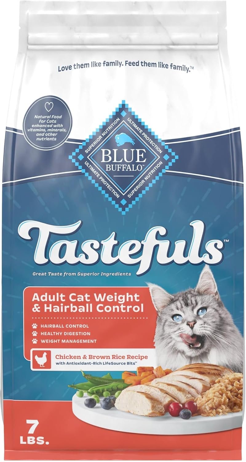 Blue Buffalo Tastefuls Chicken Weight & Hairball Control Dry Cat Food, 7 lb | Chicken & Brown Rice Recipe, Weight & Hairball Control, No Corn, Wheat, or Soy