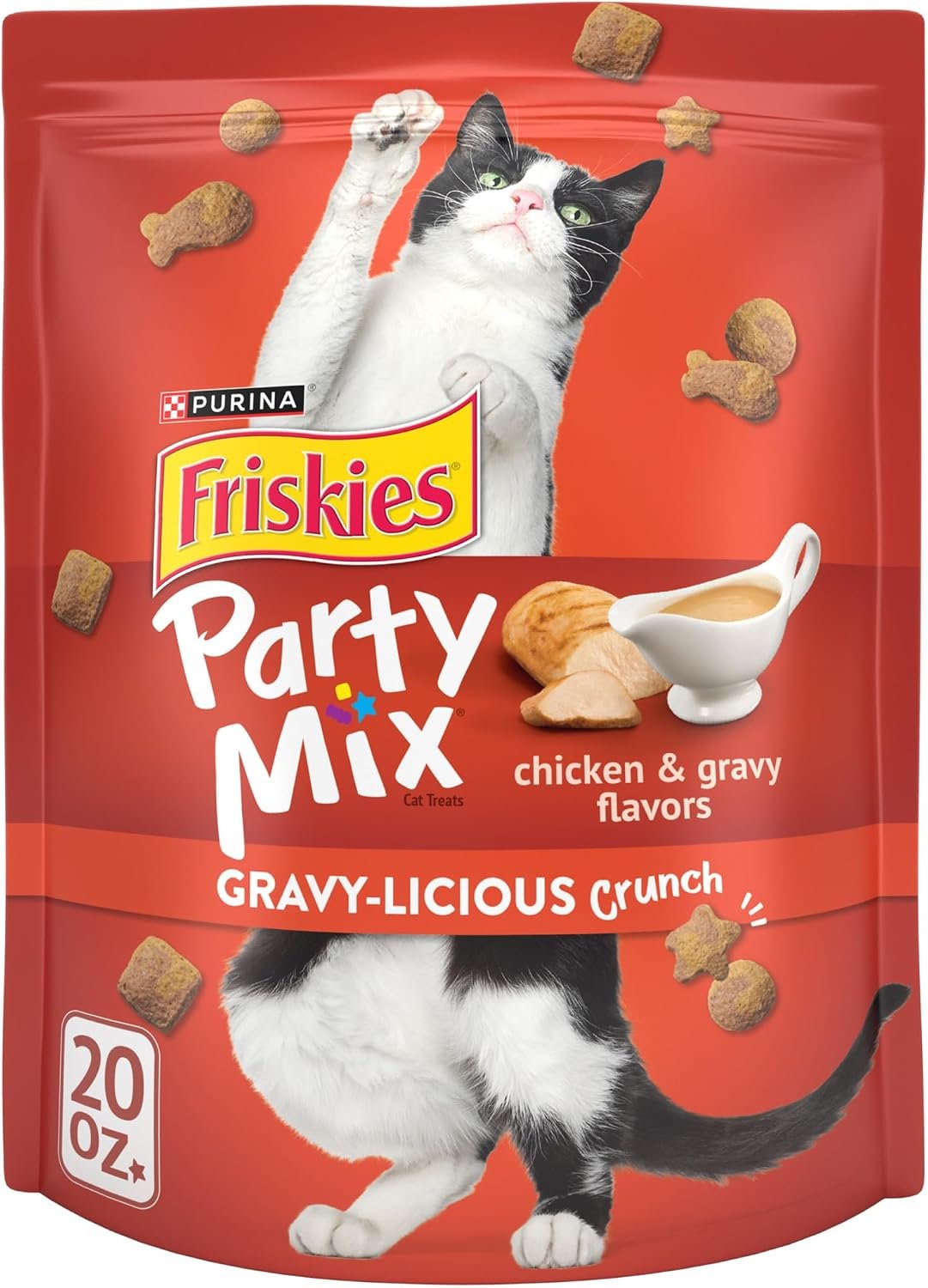 Purina Friskies Cat Treats, Party Mix Gravy-licious Crunch Chicken and Gravy Flavors – 20 oz. Pouch