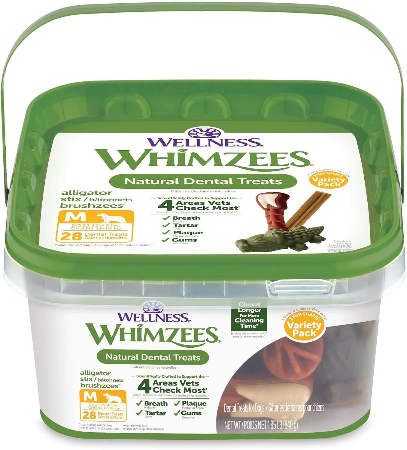 Whimzees Wellness Variety Pack Natural Dog Dental Treat, Chews, Freshens Breath, Medium Size, 29.6 oz Box, 28 Count