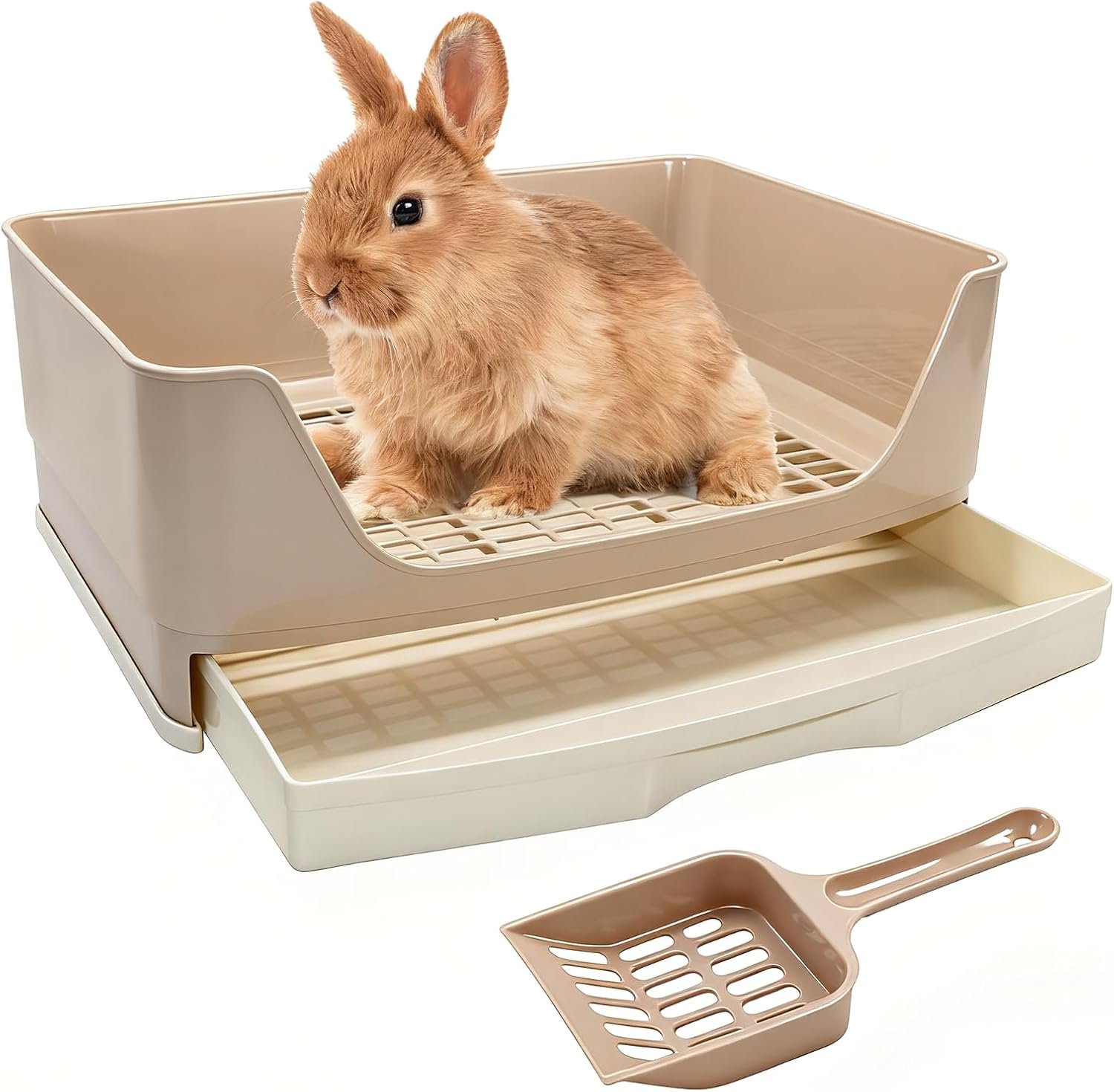 BWOGUE Large Rabbit Litter Box, Bunny Litter Box with Drawer, White | Potty Trainer Corner Bedding, Pull-Out Drawer Tray, Elevated Grate, Cage-Fixing Buckles, Stain- & Odor-Resistant Plastic