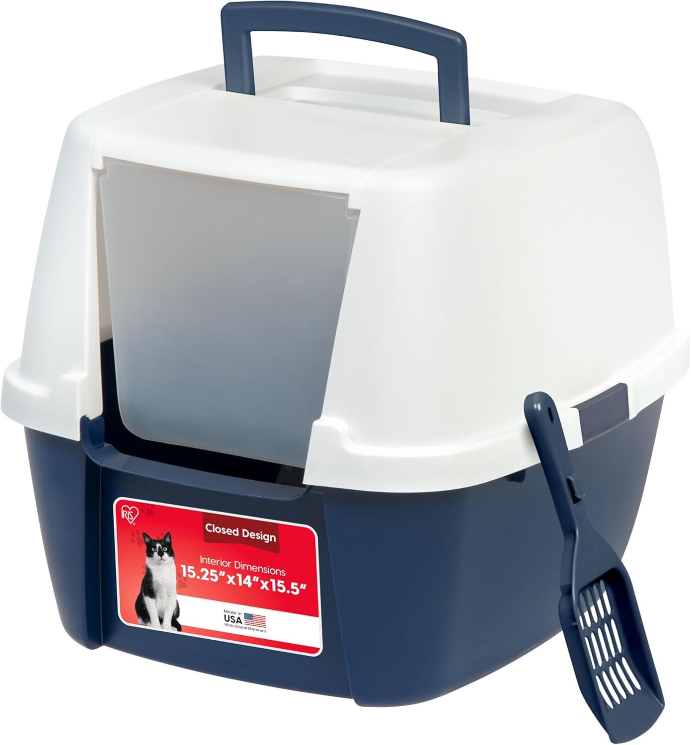 IRIS USA Large Front Door Cat Litter Box, Walk-in Entry, Navy | Nervous Cats, Private Enclosure Design, Covered Walk-Through, Flip Door Access, Privacy Hood, Contained Environment
