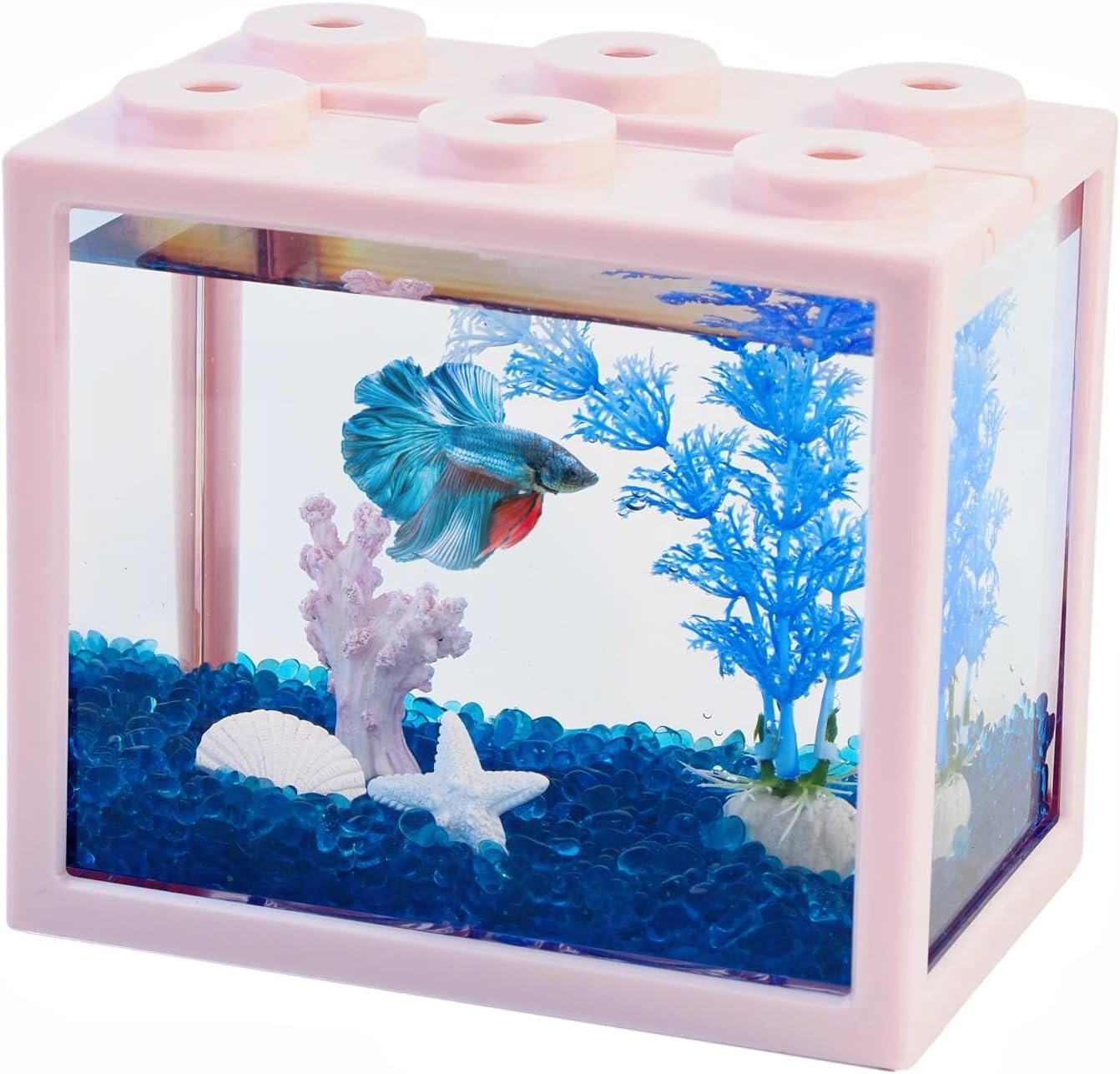 Small Betta Fish Tank, Mini Fish Tank Aquarium Tank Kit with Blue Gravel & Resin Decorations, 0.6 Gallon Stackable Fish Bowl Tiny Desktop Aquarium for Sea Monkey Shrimp