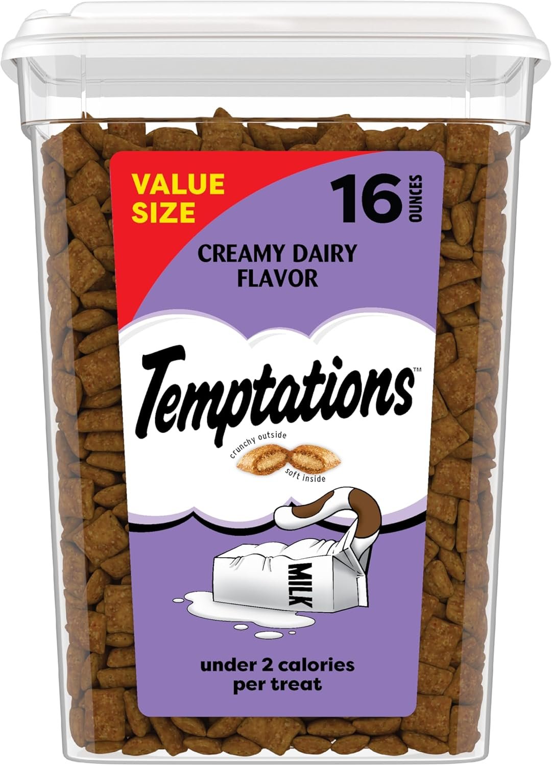 Temptations Classic Crunchy and Soft Cat Treats, Creamy Dairy, 16 oz | Under 2 calories per treat, 100% complete & balanced for adult cats, resealable tub, use as snack, meal, or food topper