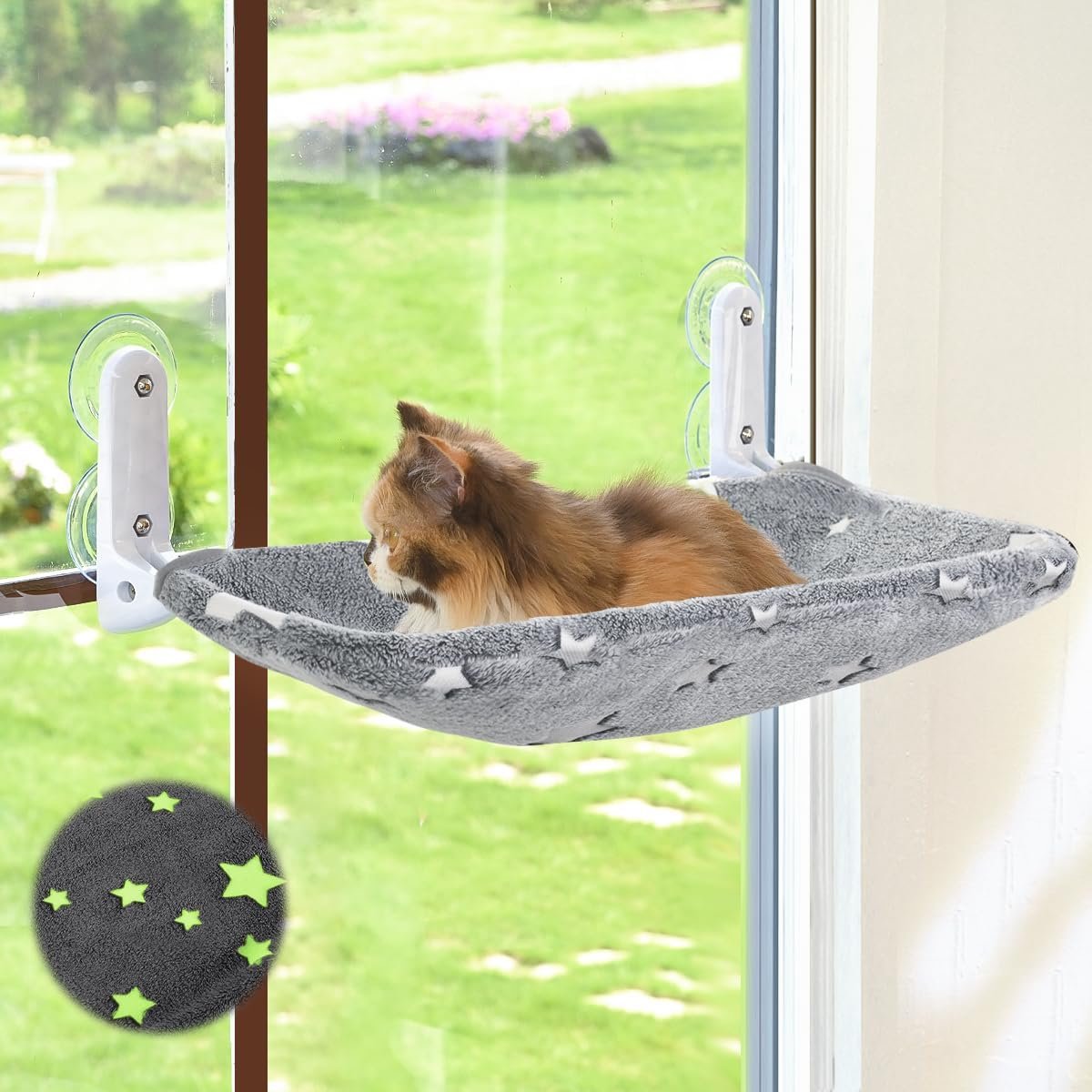 Zoratoo Glow in the Dark Cat Window Perch, Foldable Cordless Pet Hammock, M | Glowing Stars Fabric, Sturdy Metal Frame, Removable for Machine Wash, Comfortable Sunken Design Resting Seat for Indoor Cats