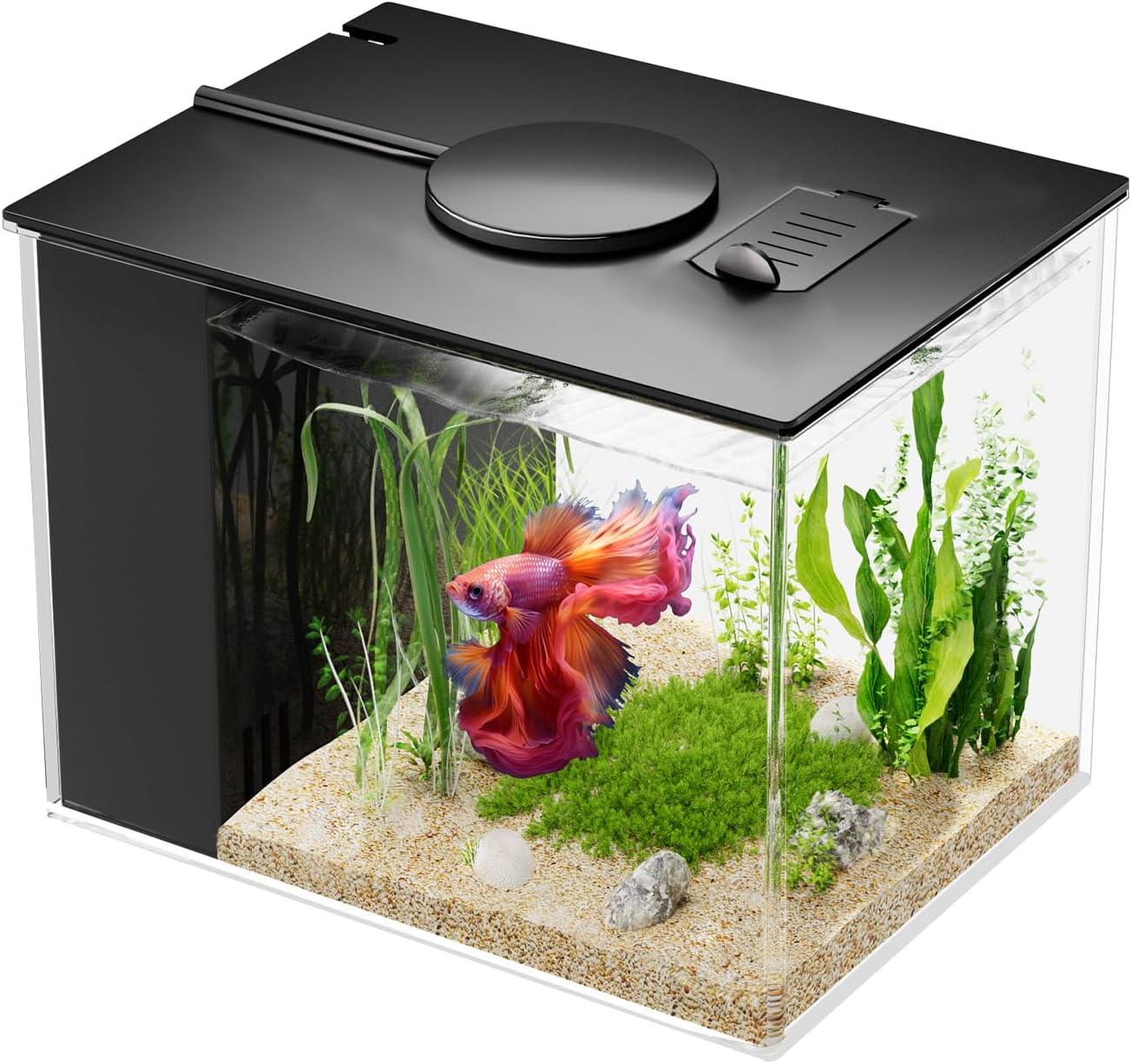 Vehipa Betta Fish Tank 1 Gal (3.7L), Acrylic Nano Aquarium Kit Black | With Water Filter Pump & LED Light, Ideal for Small Fish, Shrimp and Plants