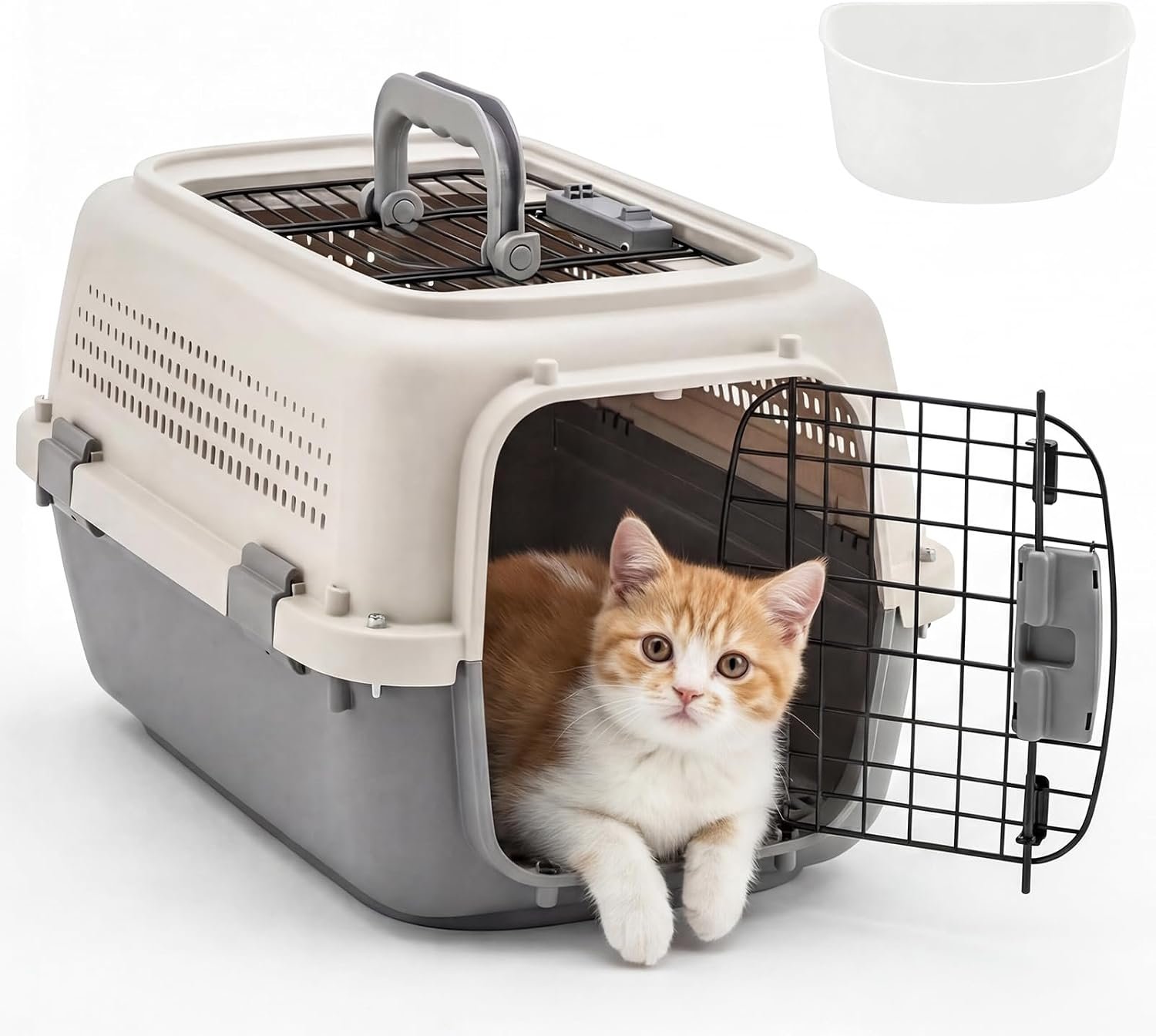 DUMOS 23″ Hard-Sided Pet Carrier for Small Pets, 2 Door Cat Carrier, Beige | Airline Approved Dog Crate, Enhanced Security Latches, Front & Top Load Wire Door, Food Bowl for Traveling, Hiking, Camping