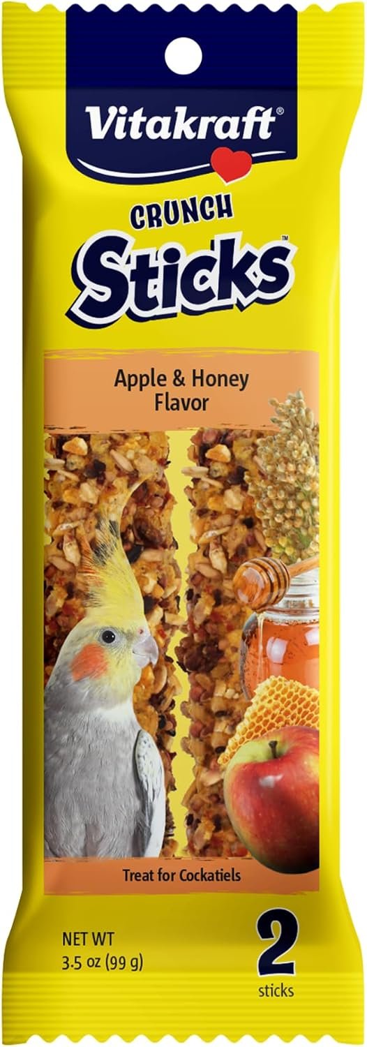 Vitakraft Crunch Sticks Cockatiel Treat Apple And Honey Flavor – 2 Sticks – Triple Baked For Extra Crunch – Natural Wood Chew Center With Cage Clip – Fortified With Vitamins And Minerals