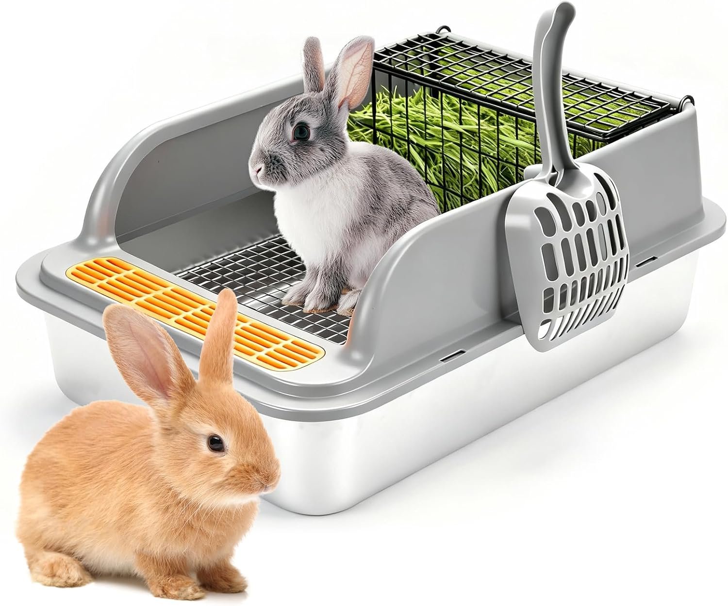 Stainless Steel Rabbit Litter Box w Hay Feeder and Litter Scoop, 19.7 x 13.8 x 7.9 Inch Large Litterboxes w Raised Grid, High Sided Kiter (X-Large)