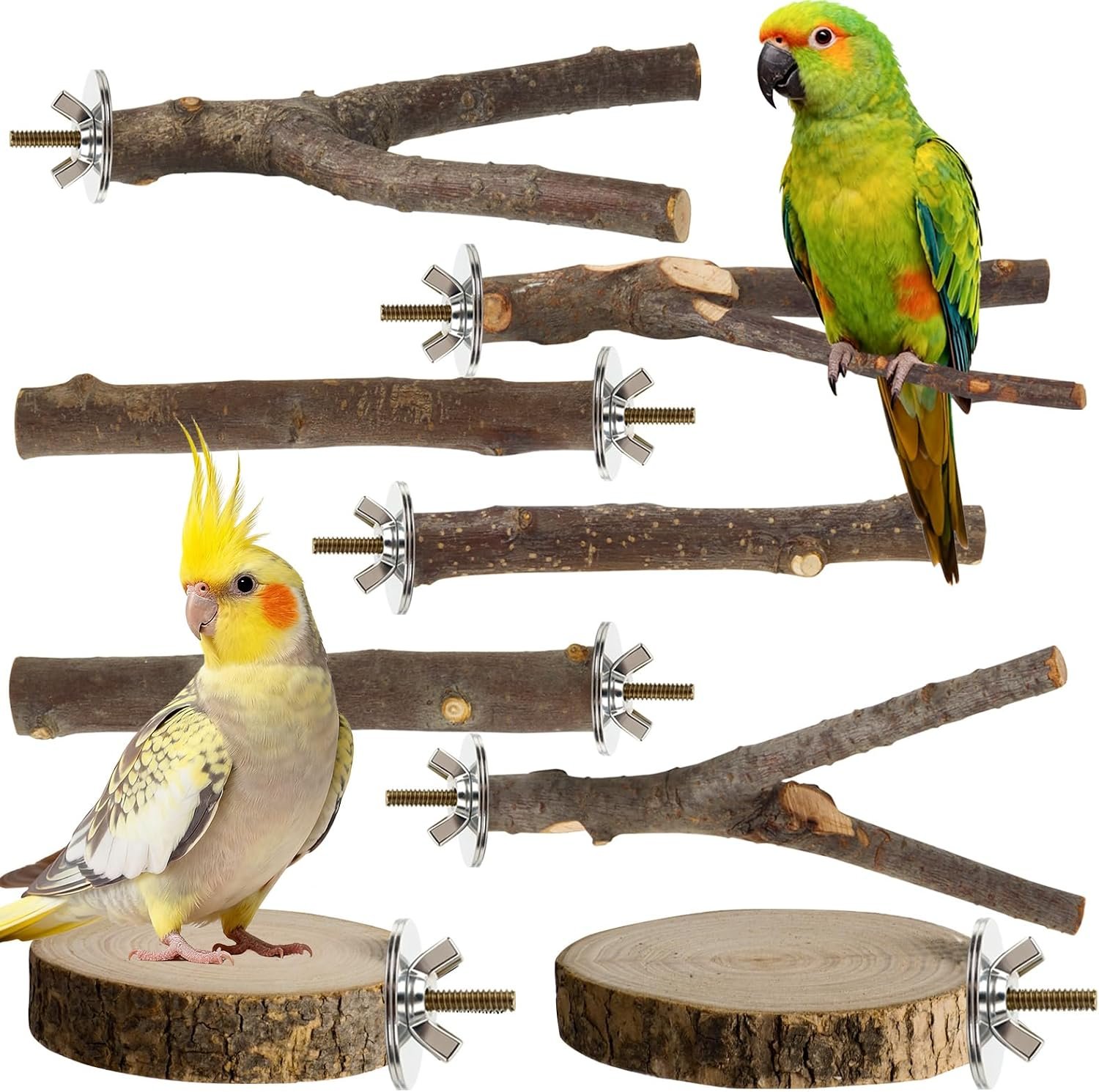 8 Pack Natural Wood Bird Perches for Cage, Wooden Parrot Stand Platforms, Hardwood Branches for Parakeets, Cockatiels, Budgies, Small Bird Climbing and Chew Toys for Bird Cage Accessories