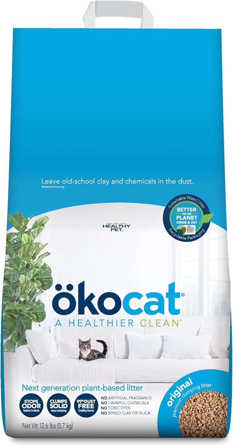 ökocat Original Wood Clumping Cat Litter, Unscented, 12.6 Pounds – Natural Ingredients, Stops Odor, Clumps Solid, 99% Dust Free, Lightweight Litter, Great for All Cats