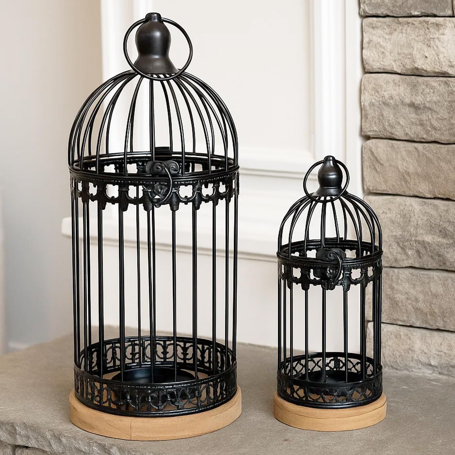 VELA LANTERNS Birdcage Candle Lanterns – Set of 2 Decorative Metal Lanterns on Wooden Base – Vintage Farmhouse Tabletop & Hanging Lantern for Weddings, Parties & Home Decor, Black