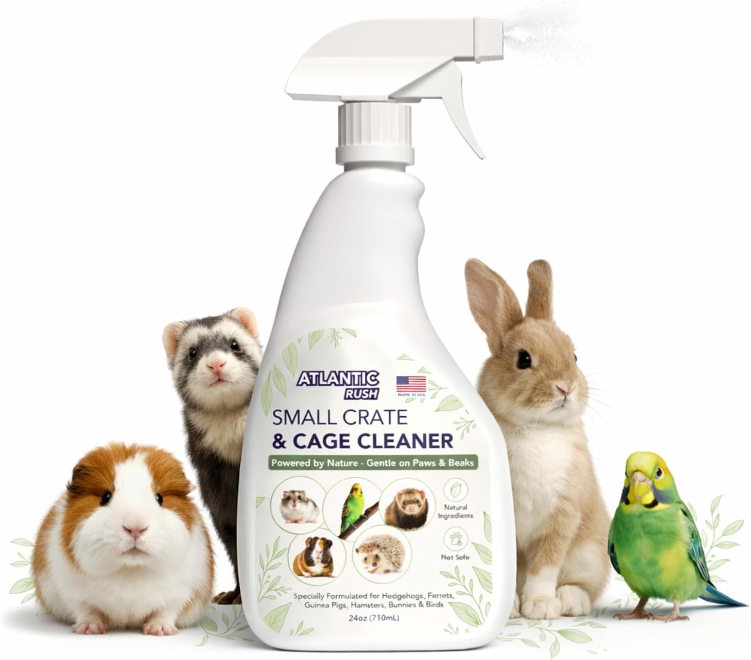 Atlantic Rush Small Animal Cage Cleaner Spray- 24oz Bottle Cage and Crate Cleaner for Guinea Pig, Hamster, Rabbit, Ferret, & Birds- Cage Cleaning Supplies Odor Eliminator