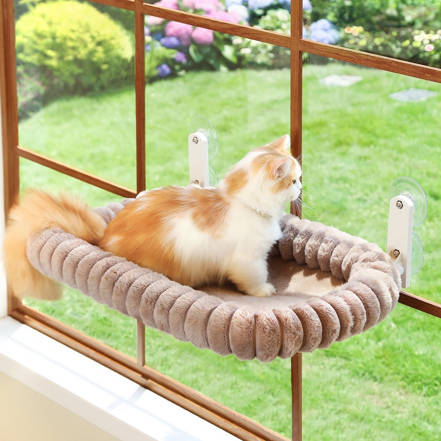 Zakkart SnugCloud Foldable Cat Window Perch – Cordless, Ultra Soft Machine Washable Bed with 4-Sided Bolster, Metal Frame – Window Hammock for Large Cats and Kittens (Brown, Medium)