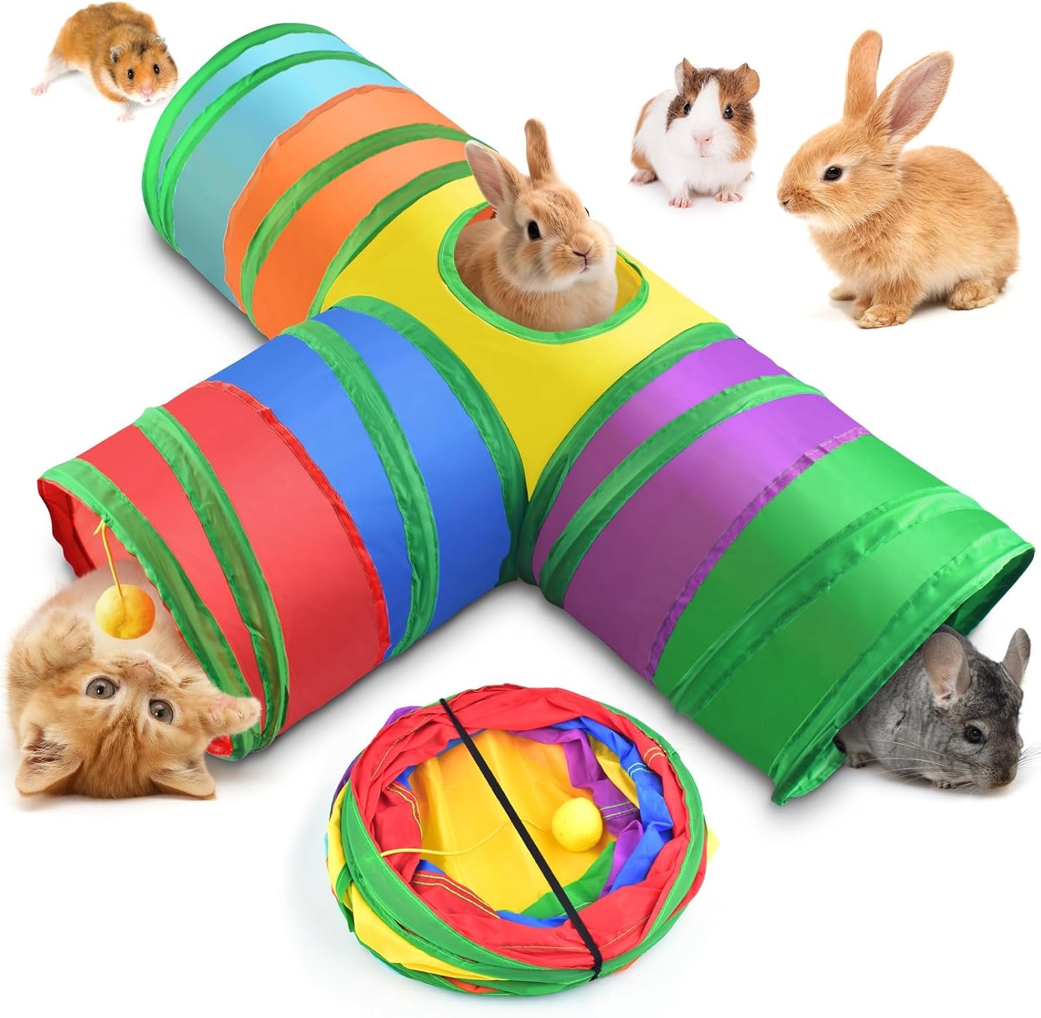 Bissap Rabbit Tunnel, 9.8” Collapsible Bunny Tunnel and Tube 3 Ways Pet Hideout with 1 Play Ball for Indoor Kittens Dwarf Rabbit Bunny Guinea Pig Chinchilla Small Animal Activity Fun Toy (Rainbow)