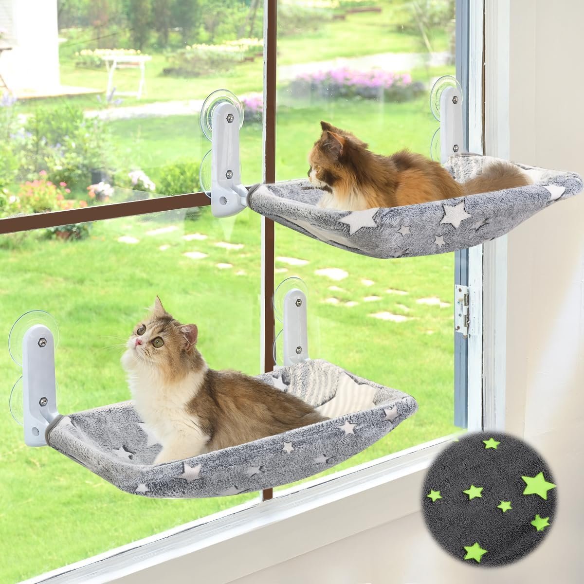 Zoratoo 2PC Glowing Star Cat Window Perch, Foldable Cordless Pet Hammock, M | Glow in the Dark Fabric, Sturdy Metal Frame, Removable for Machine Wash,Comfortable Sunken Design Resting Seat for Indoor Cat