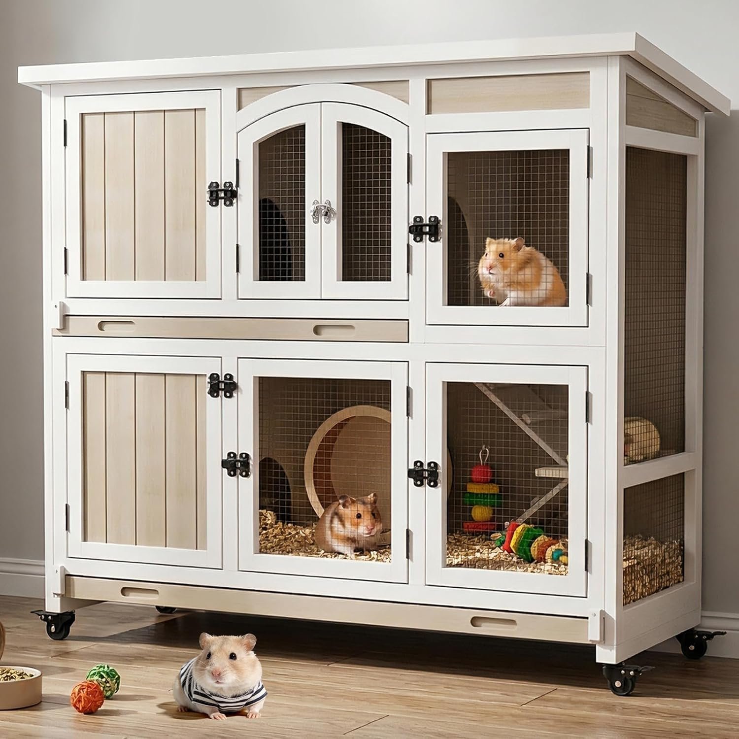 Gowoodhut 47″ L Large Guinea Pig Cage Indoor with Wheels, 2-Story Wooden Hutch with 2 Deep Pull-Out Trays, Anti-Chew Ramps & Hideout for Hamsters, Ferrets & Rabbits, Grey, Easy-Clean Small Pet Home