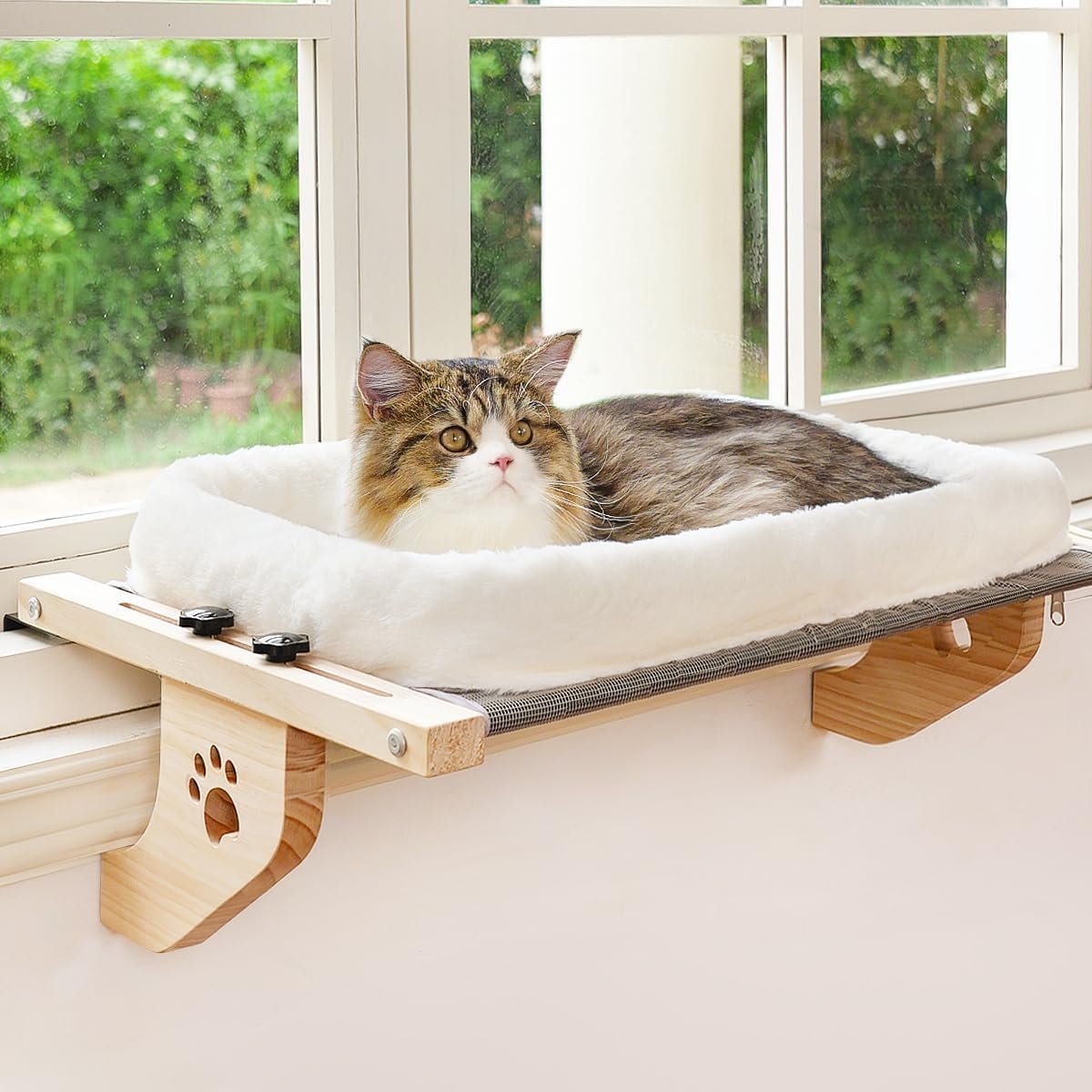 AMOSIJOY Cat Sill Window Perch Sturdy Hammock Window Seat with Cushion Bed Cover, Wood & Metal Frame for Large Cats, Easy to Adjust Cat Bed for Windowsill, Bedside, Drawer and Cabinet(Cushion Bed)
