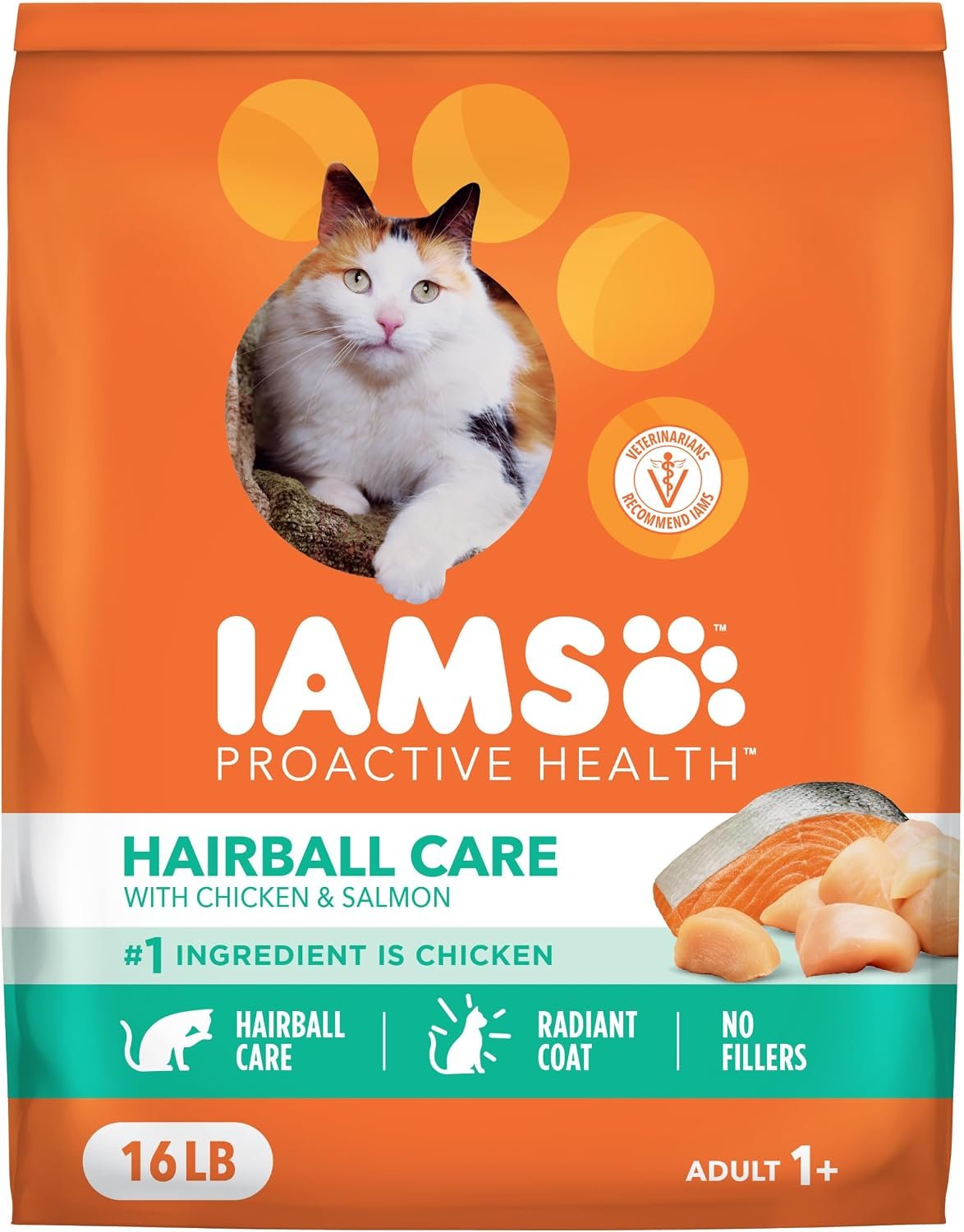 IAMS Proactive Health Hairball Dry Cat Food, Chicken & Salmon, 16 lb | Veterinarian-recommended, reduces hairballs, supports healthy digestion, maintains healthy weight, nourishes heart