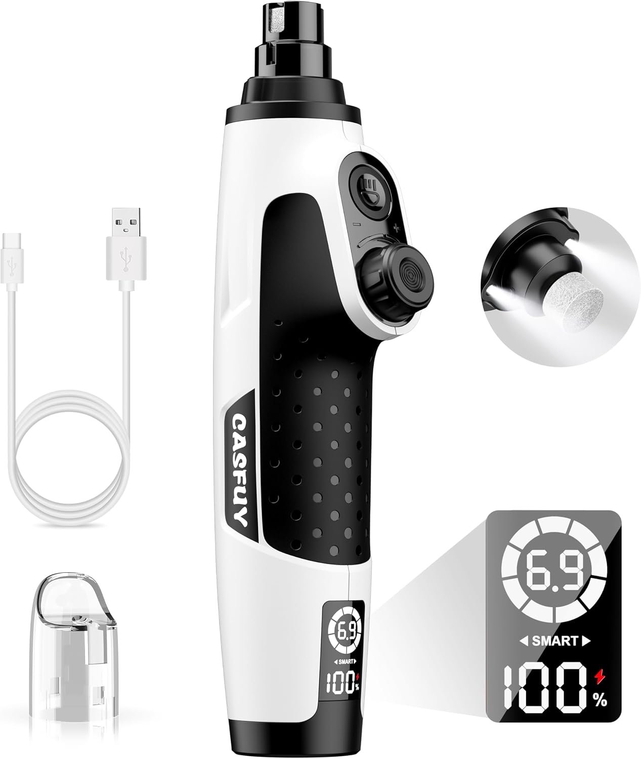 Casfuy Smart 6-Speed Dog Nail Grinder – 50% More Power Pet Nail Grinder with 2 LED Lights Quiet Rechargeable Electric Dog Nail Trimmers File Toenail Grinder for Large Medium Small Dogs & Cats (White)