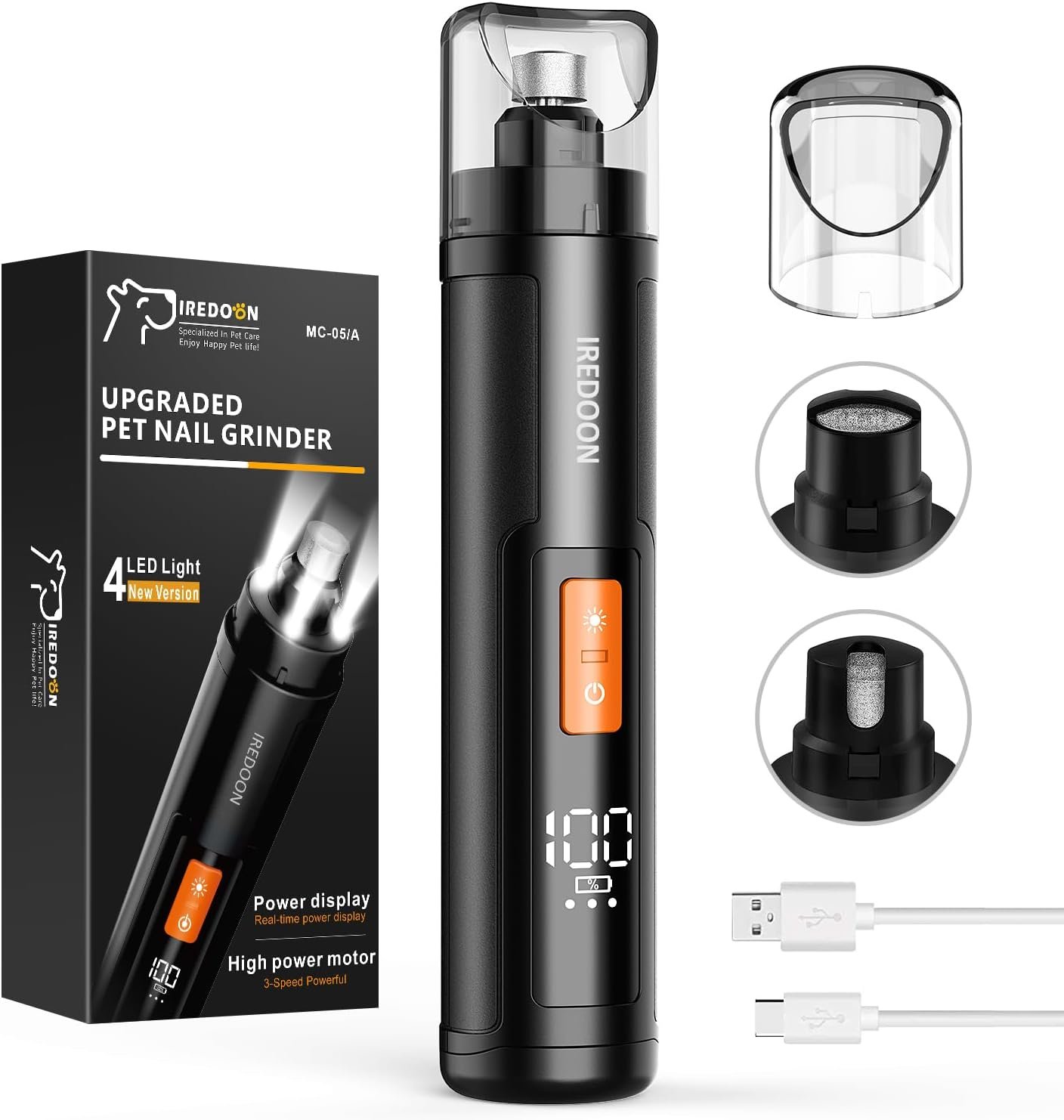 Dog Nail Grinder with 4 LED Lights, 3 Speeds Super Quiet for Pets | Low Vibration,Electric Pet Nail Grinder, Professional Painless Paw Grooming & Smoothing for Small to Large Dogs Cats(Black)