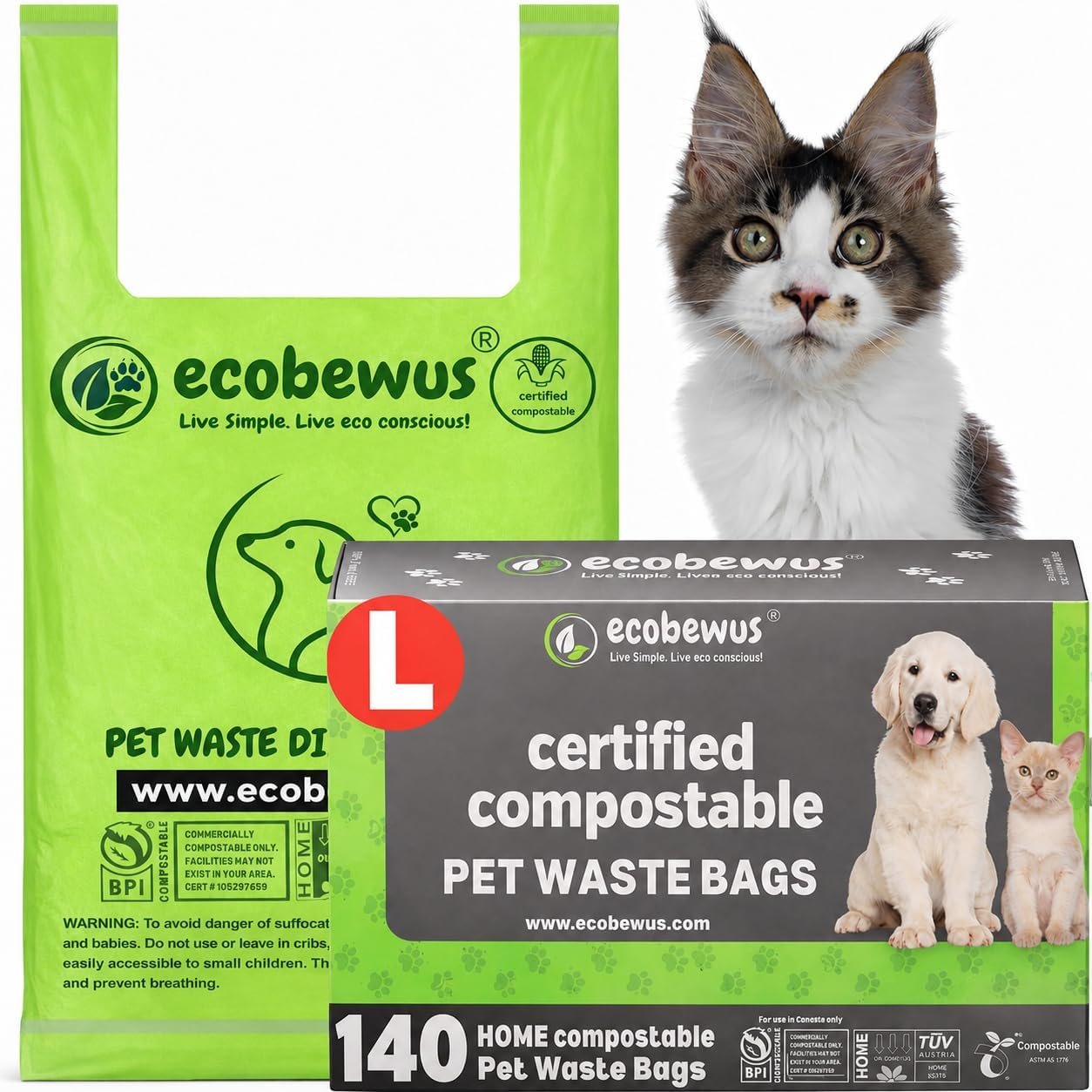 Certified Compostable Pet Waste Disposal Bag (140 ct.) Plant-Based Cat Litter Poop Waste Pick-Up Bags with Handles Dog poop Bags Disposable Compost Food Scrap Liners (140 ct.)