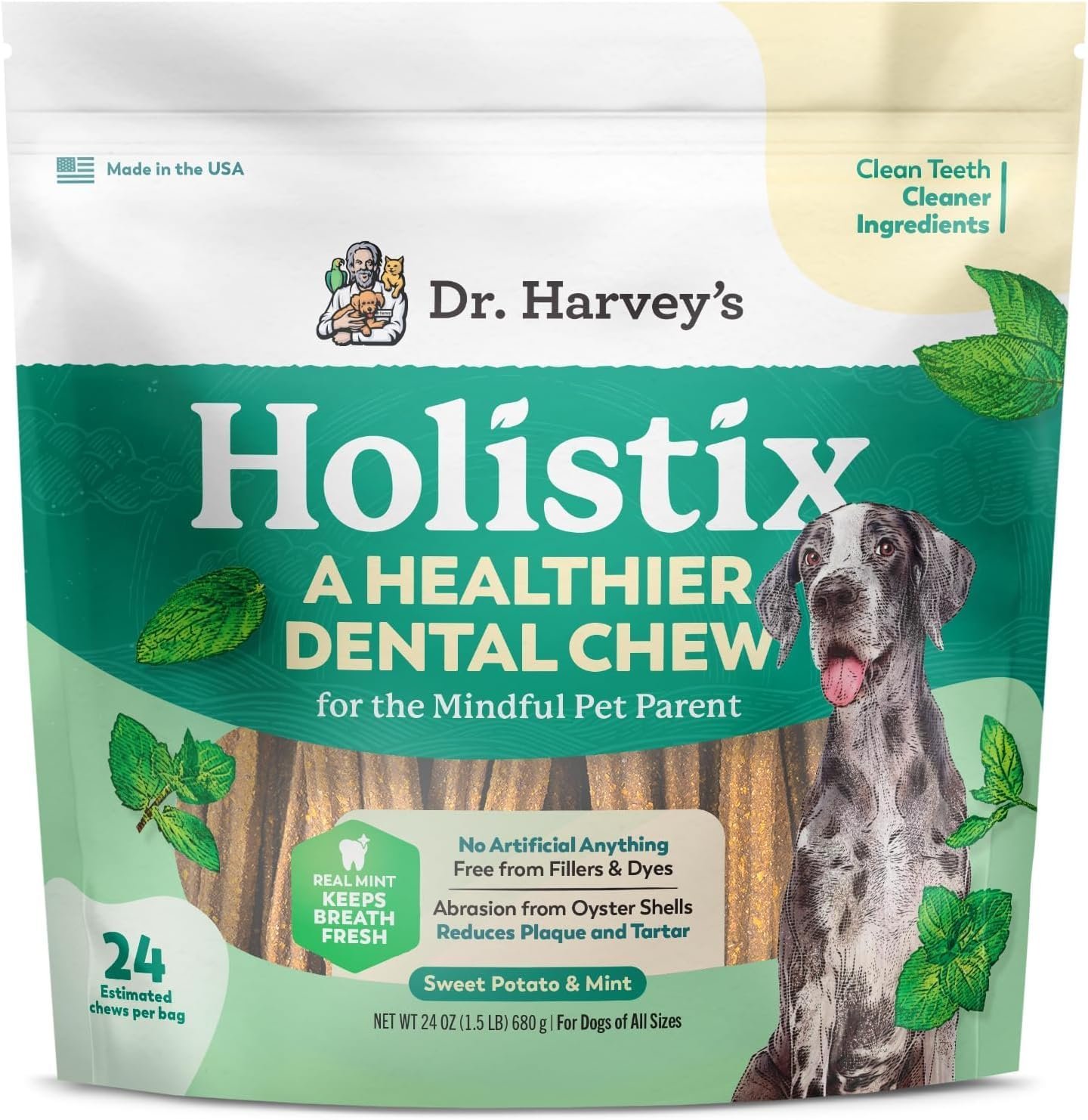 Dr. Harvey’s Holistix Dental Chews for Dogs for Fresh Breath (24 Sticks) | Mint, Sweet Potato, Dried Kelp & Oyster Shells – Supports Teeth Cleaning