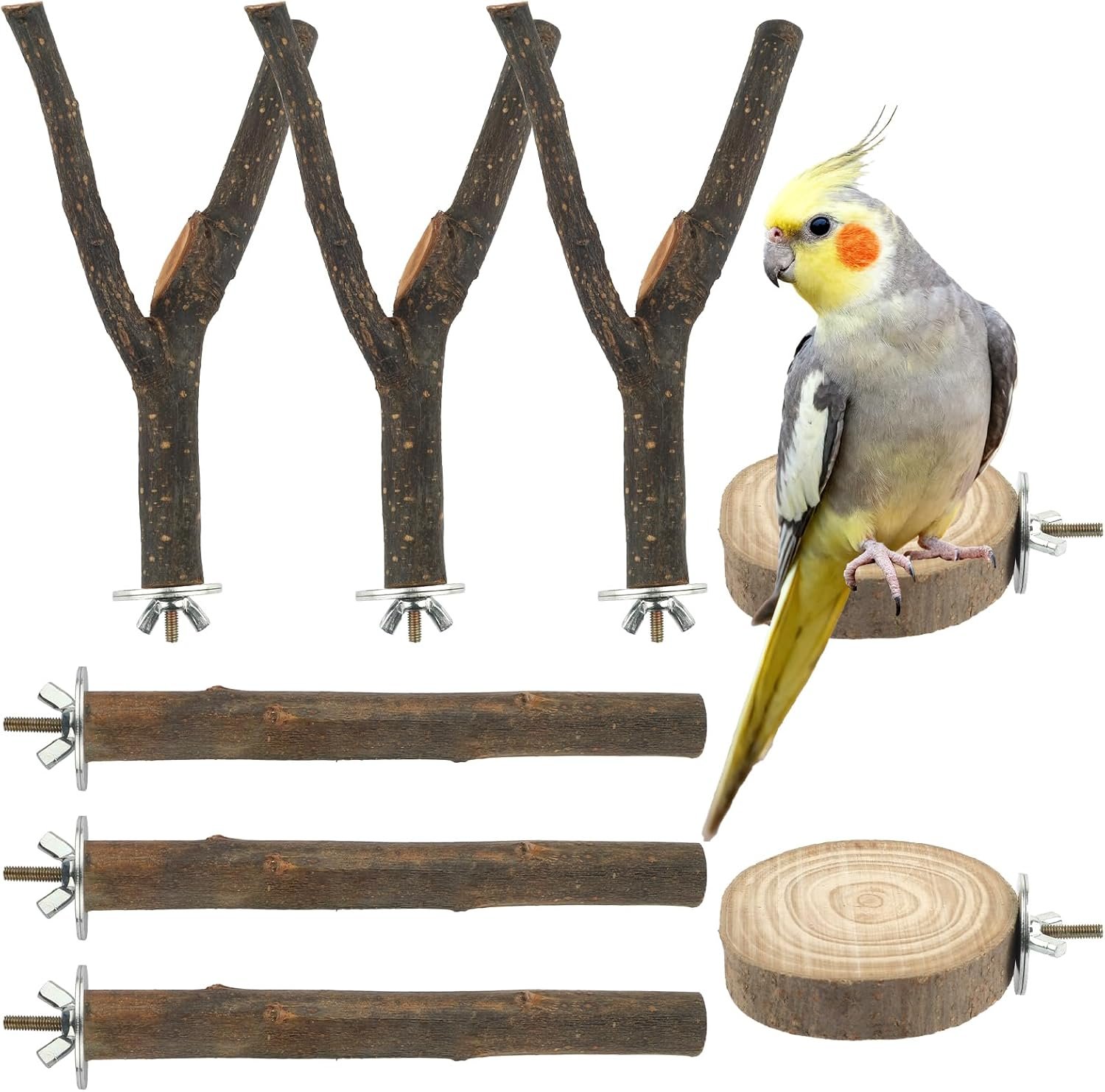 8PCS Bird Perches for Cage Natural Wood Parrot Perch Stand Cage Accessories | Multi-Branch Platform with Fork Toys, Birds Perch Toy for Parakeet Cockatiel Budgie Conures Lovebirds