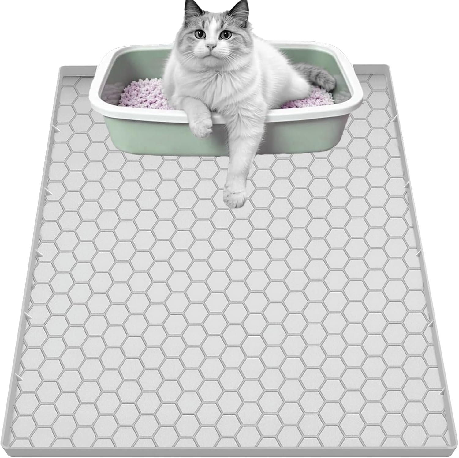 Cat Litter Mat for Litter Box, Silicone Large Cat Litter Trapping Mat – 25×19 in, Waterproof & Non-Slip, Durable & Easy Clean, Light Grey
